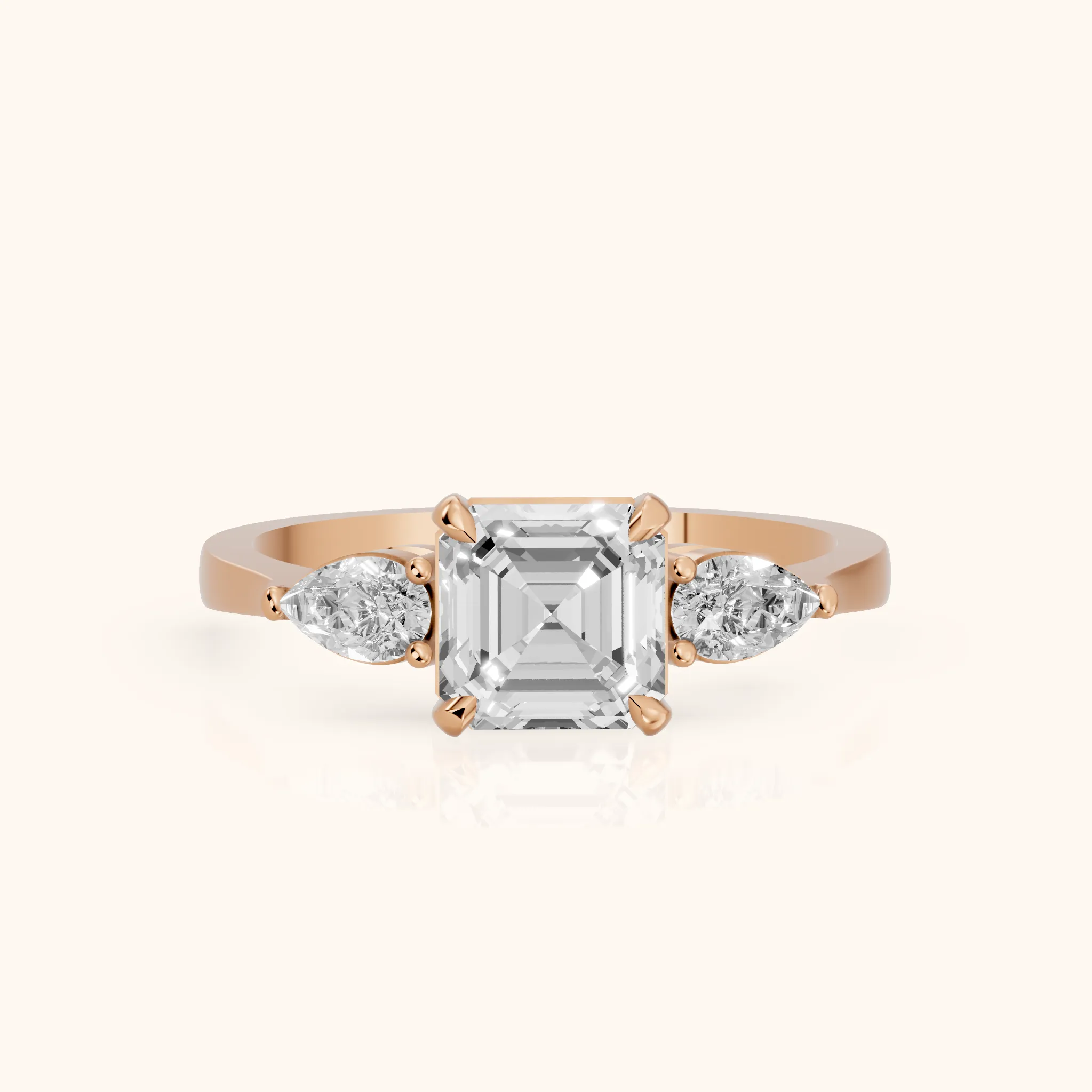 Grace Three Stone Asscher Diamond Engagement Ring in Rose Gold — view 1