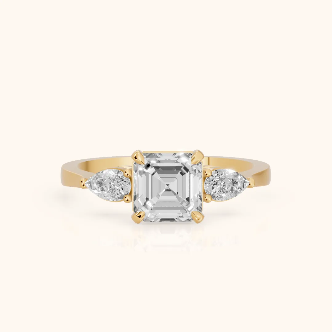 Grace Three Stone Asscher Diamond Engagement Ring in Yellow Gold