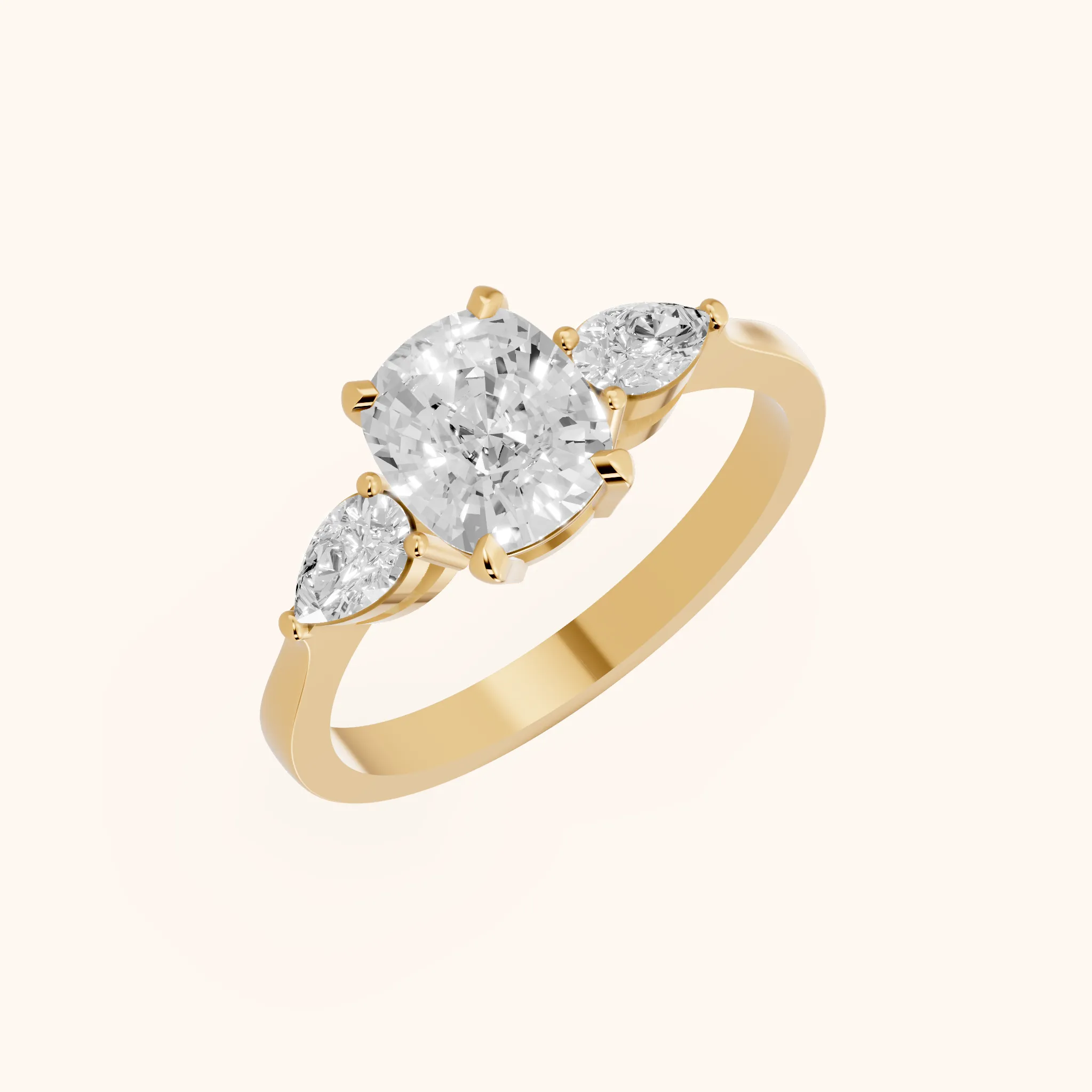 Grace Three Stone Cushion Diamond Engagement Ring in Yellow Gold