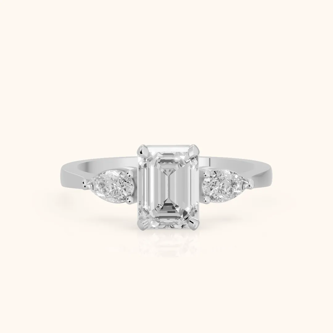 Grace Three Stone Emerald Diamond Engagement Ring in Silver