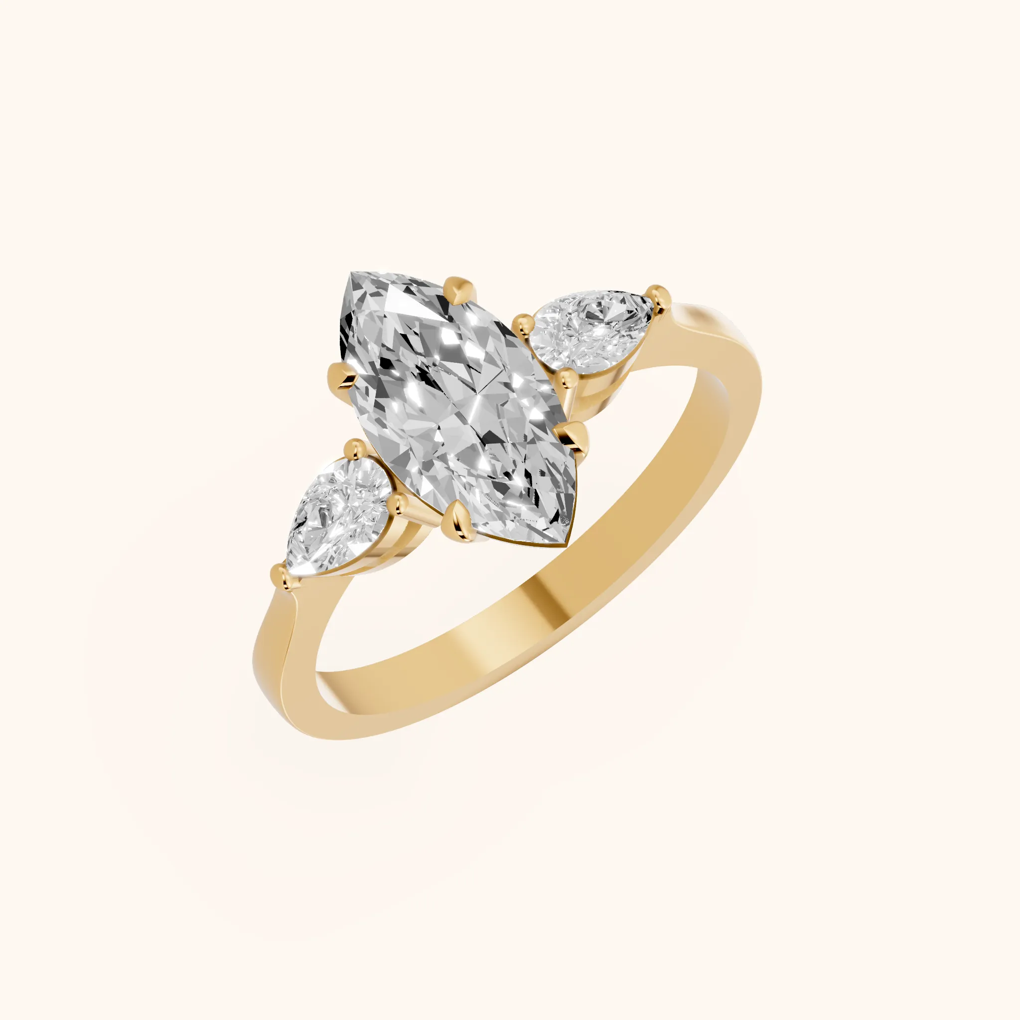 Grace Three Stone Marquise Diamond Engagement Ring in Yellow Gold