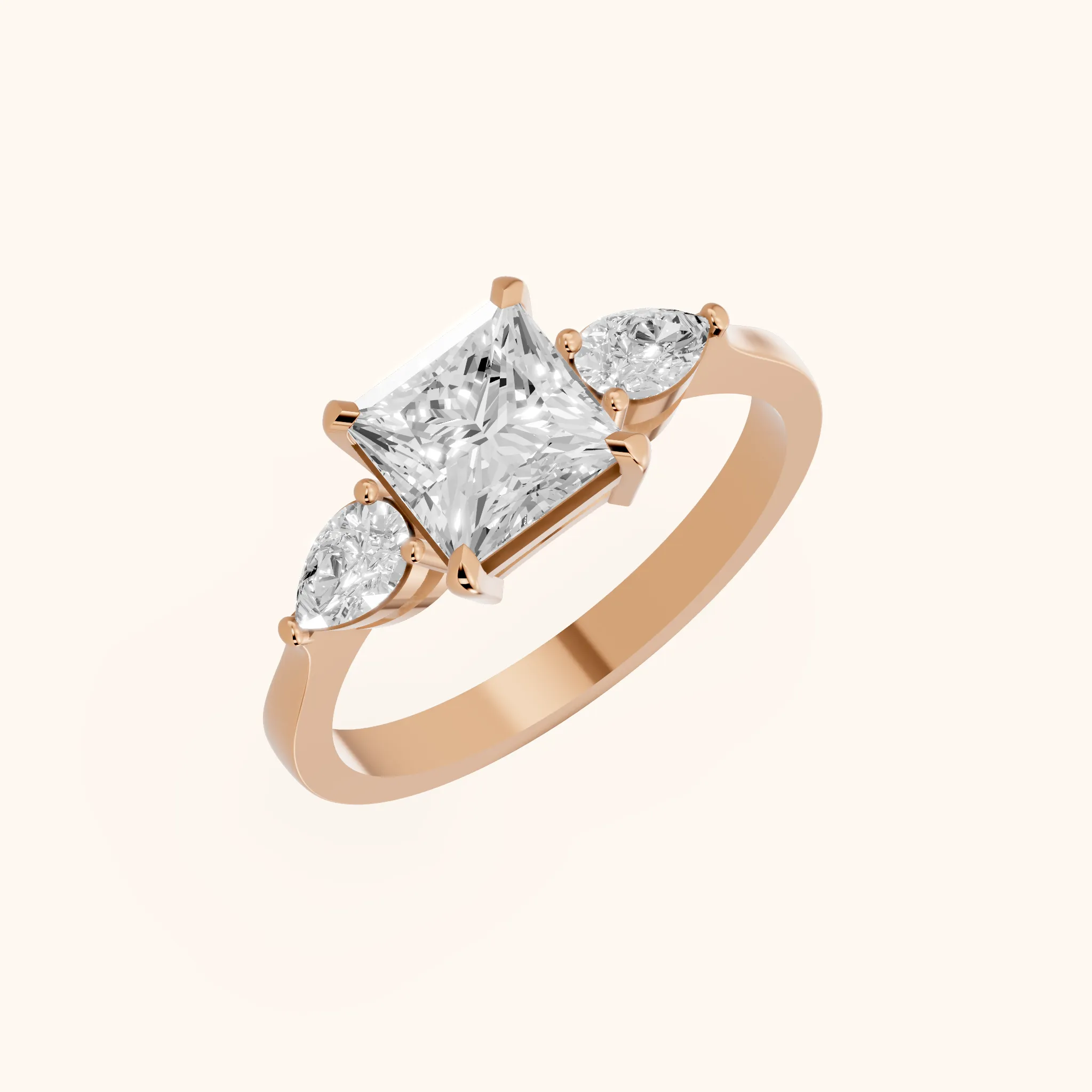 Bague de Fiançailles Grace à Trois Pierres Diamant Princesse en Or Rose
