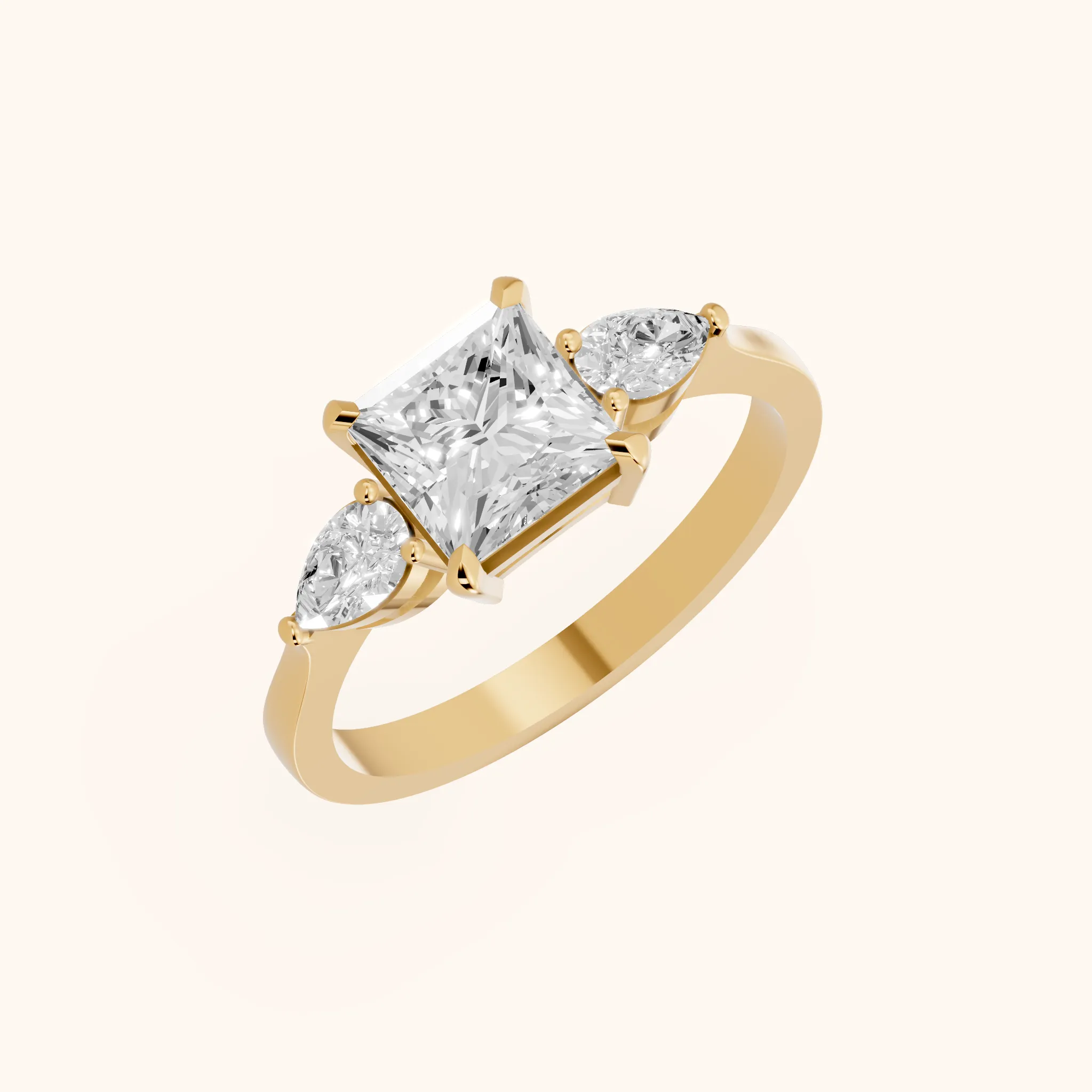 Grace Three Stone Princess Diamond Engagement Ring in Yellow Gold