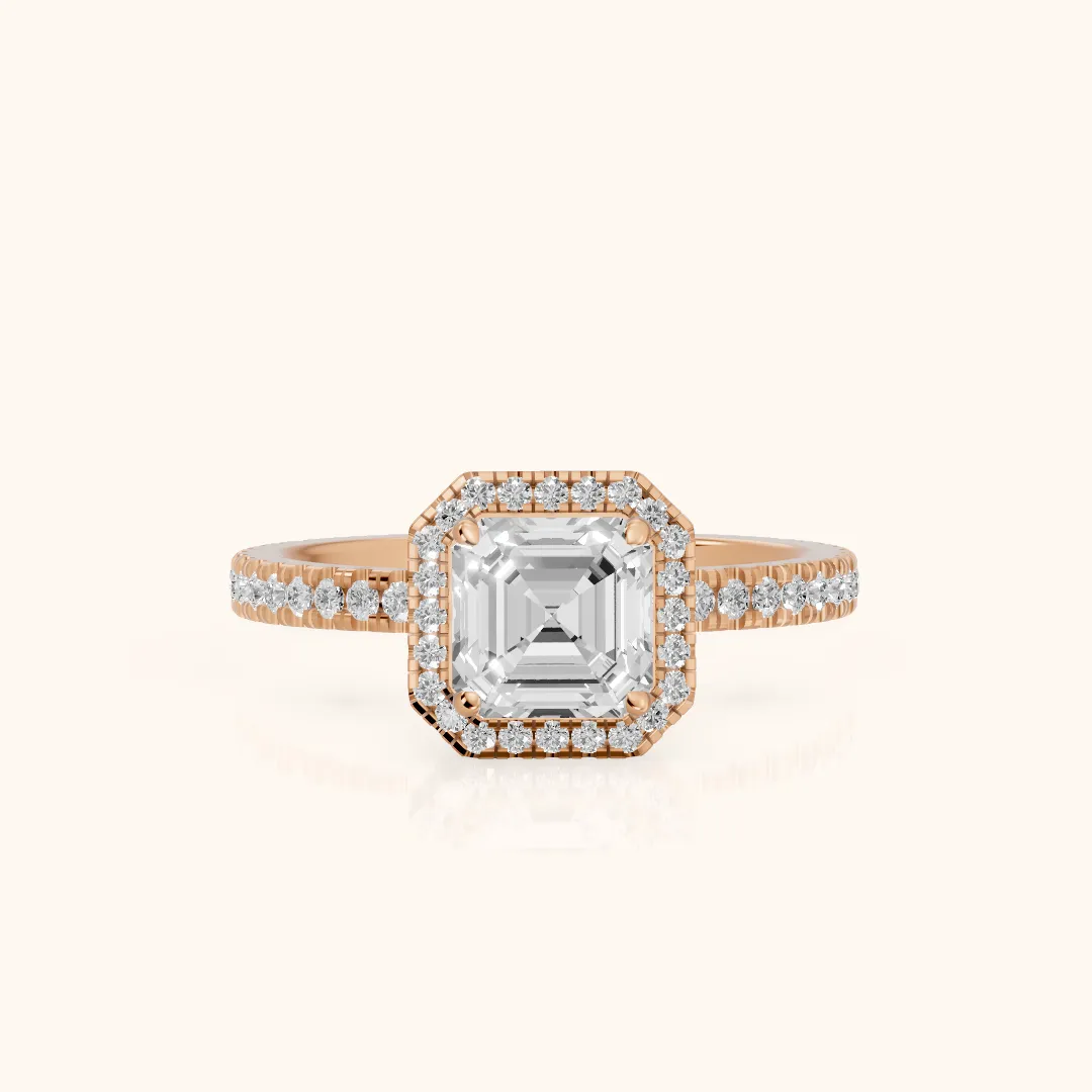 Rosemary Halo Pavé Asscher Diamond Engagement Ring in Rose Gold — view 2