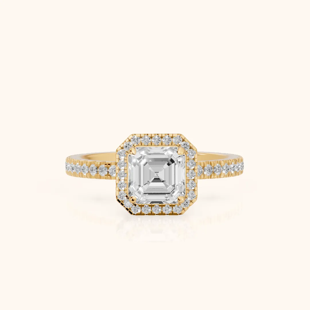 Rosemary Halo Pavé Asscher Diamond Engagement Ring in Yellow Gold — view 2