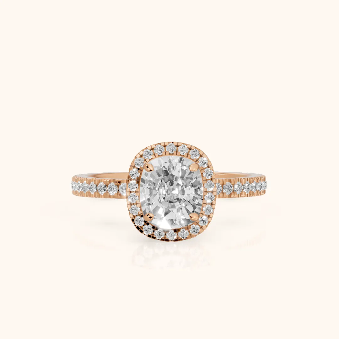 Rosemary Halo Pavé Cushion Diamond Engagement Ring in Rose Gold — view 2