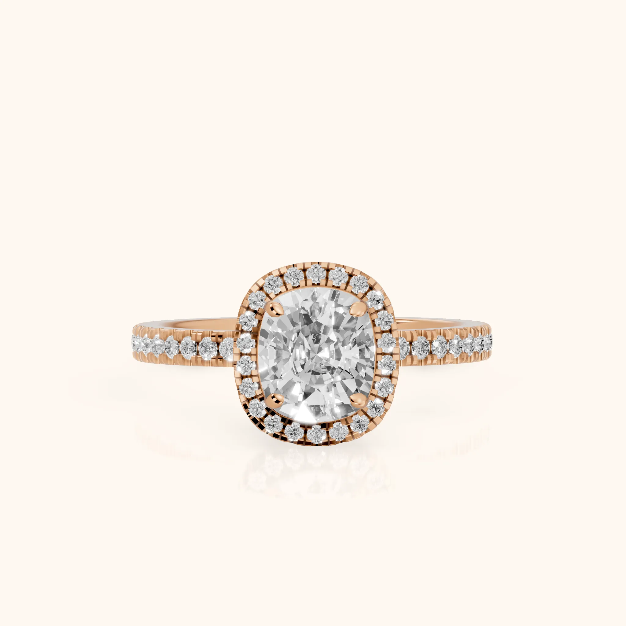 Rosemary Halo Pavé Cushion Diamond Engagement Ring in Rose Gold — view 1