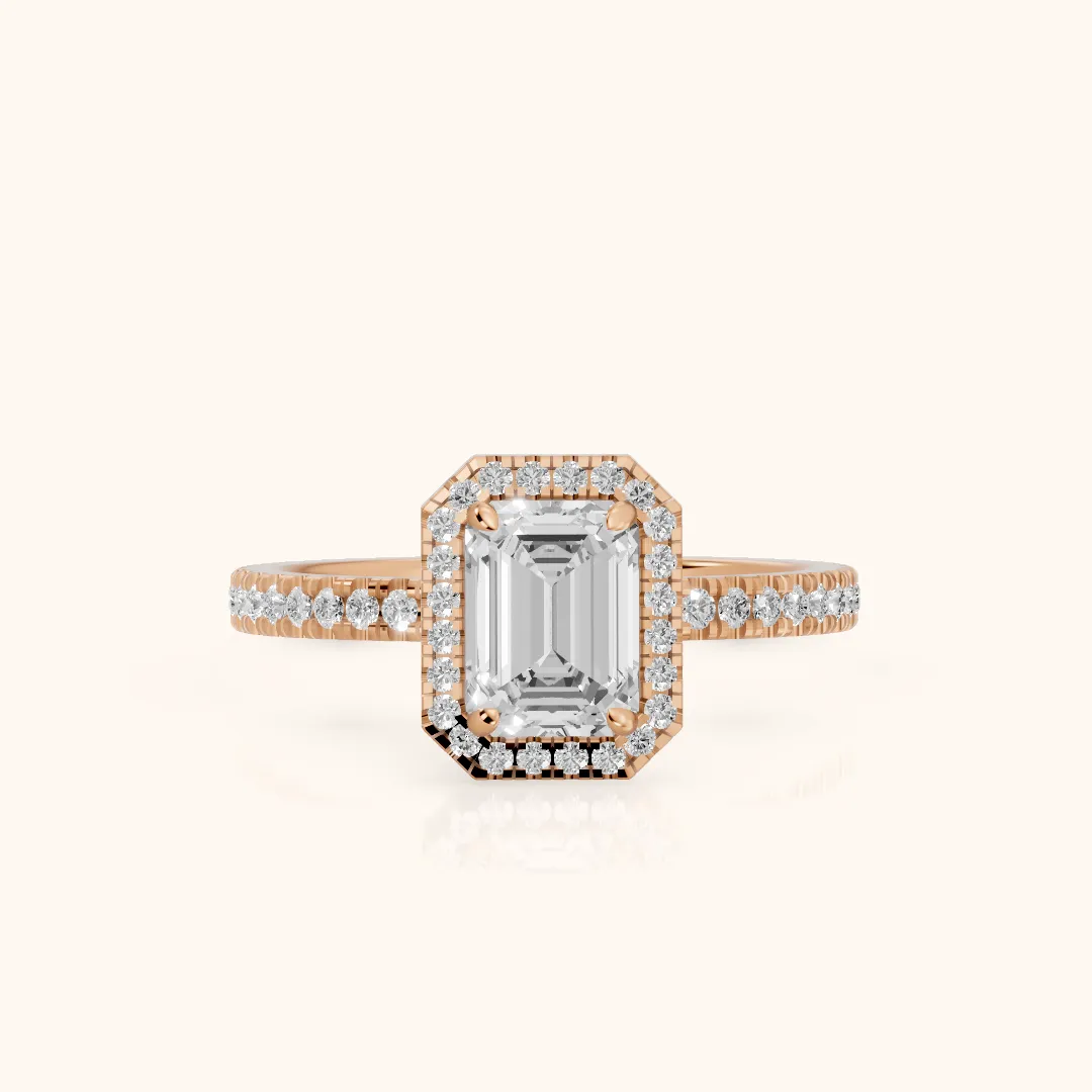 Rosemary Halo Pavé Emerald Diamond Engagement Ring in Rose Gold — view 2
