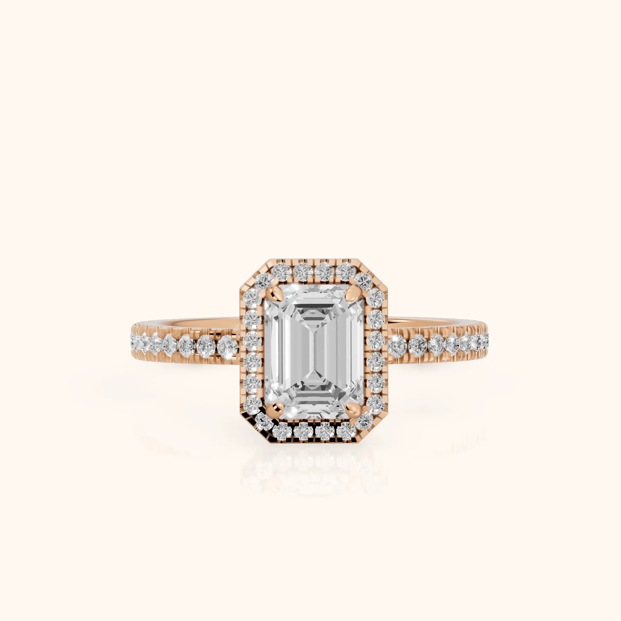 Rosemary Halo Pavé Emerald Diamond Engagement Ring in Rose Gold — view 1