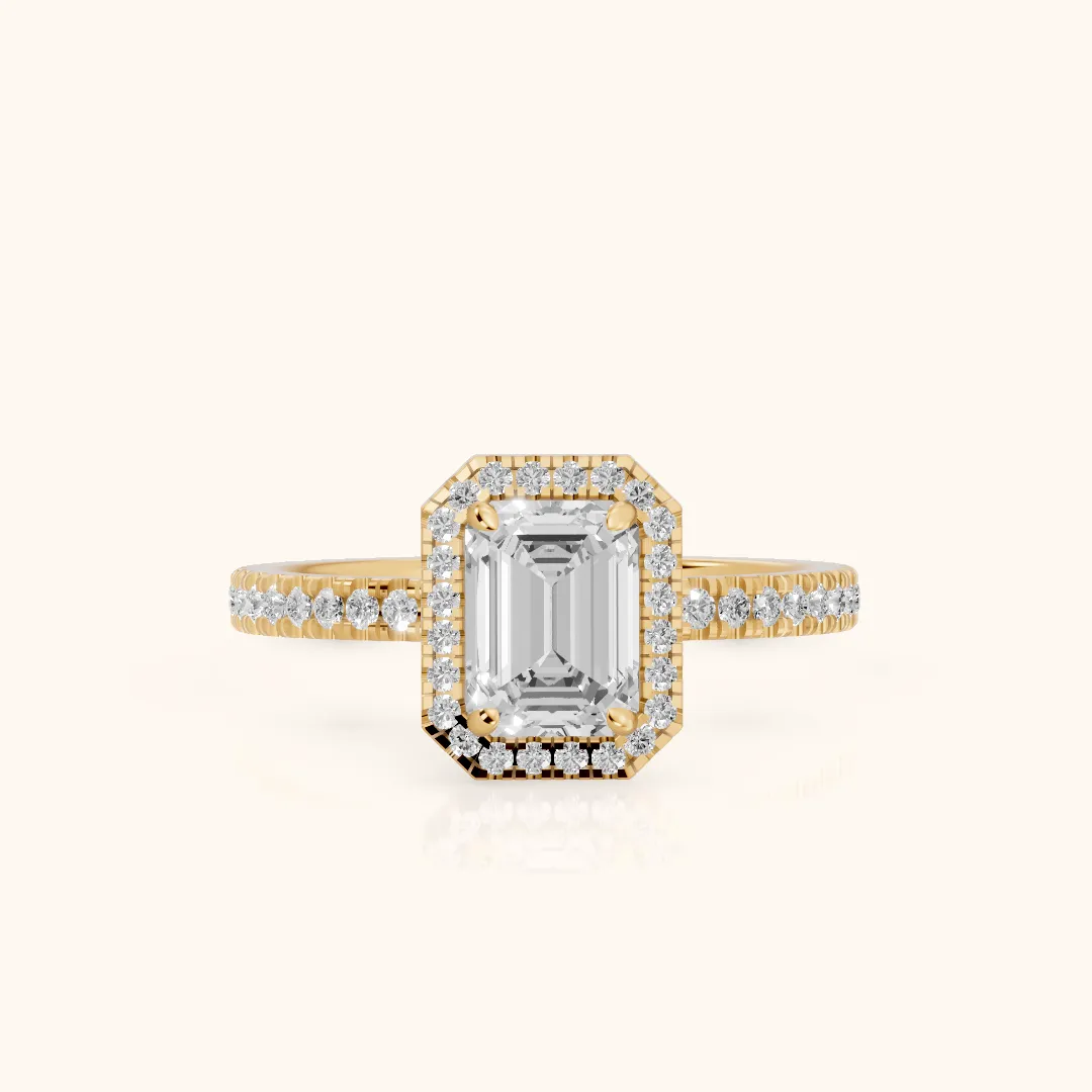 Rosemary Halo Pavé Emerald Diamond Engagement Ring in Yellow Gold — view 2