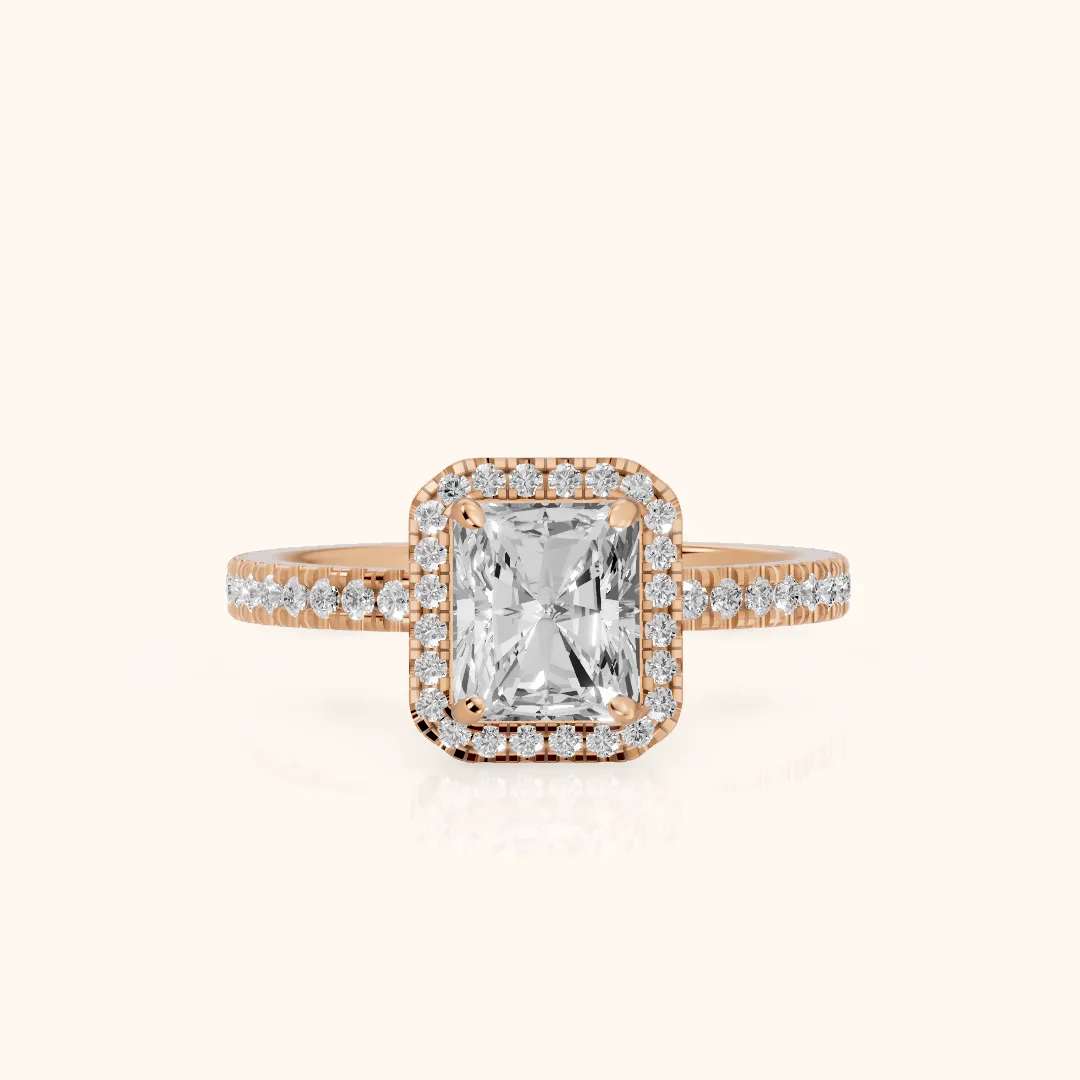 Rosemary Halo Pavé Radiant Diamond Engagement Ring in Rose Gold — view 2