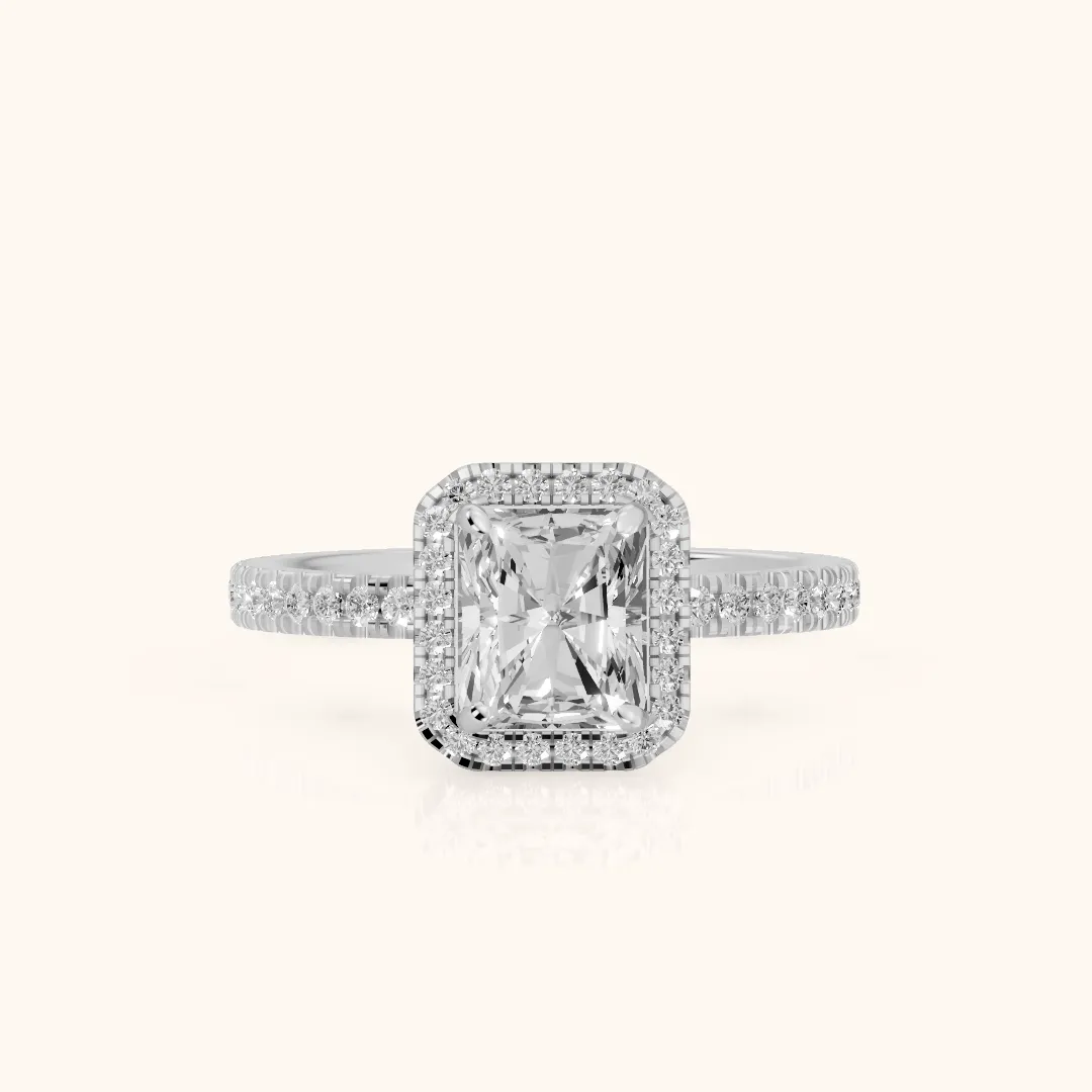 Rosemary Halo Pavé Radiant Diamond Engagement Ring in Platinum — view 2