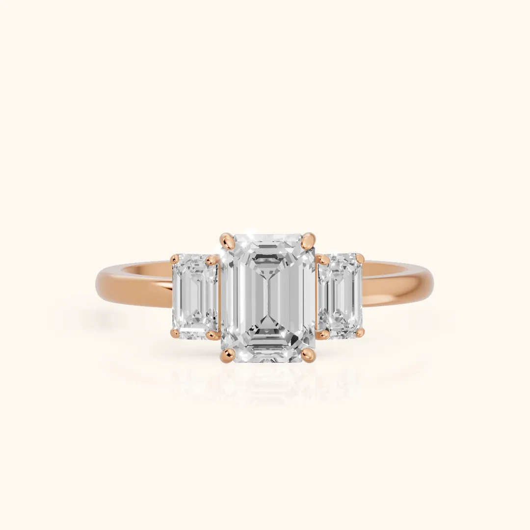Marian Three-Stone Hidden Halo Emerald Diamond Engagement Ring in Rose Gold — view 2