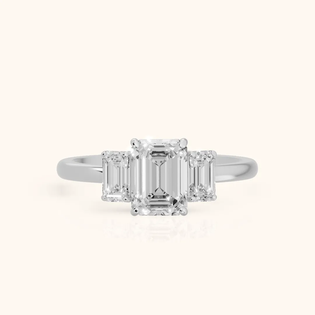 Marian Three-Stone Hidden Halo Emerald Diamond Engagement Ring in Silver — view 2