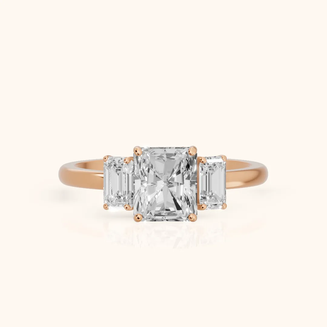 Marian Three-Stone Hidden Halo Radiant Diamond Engagement Ring in Rose Gold — view 2