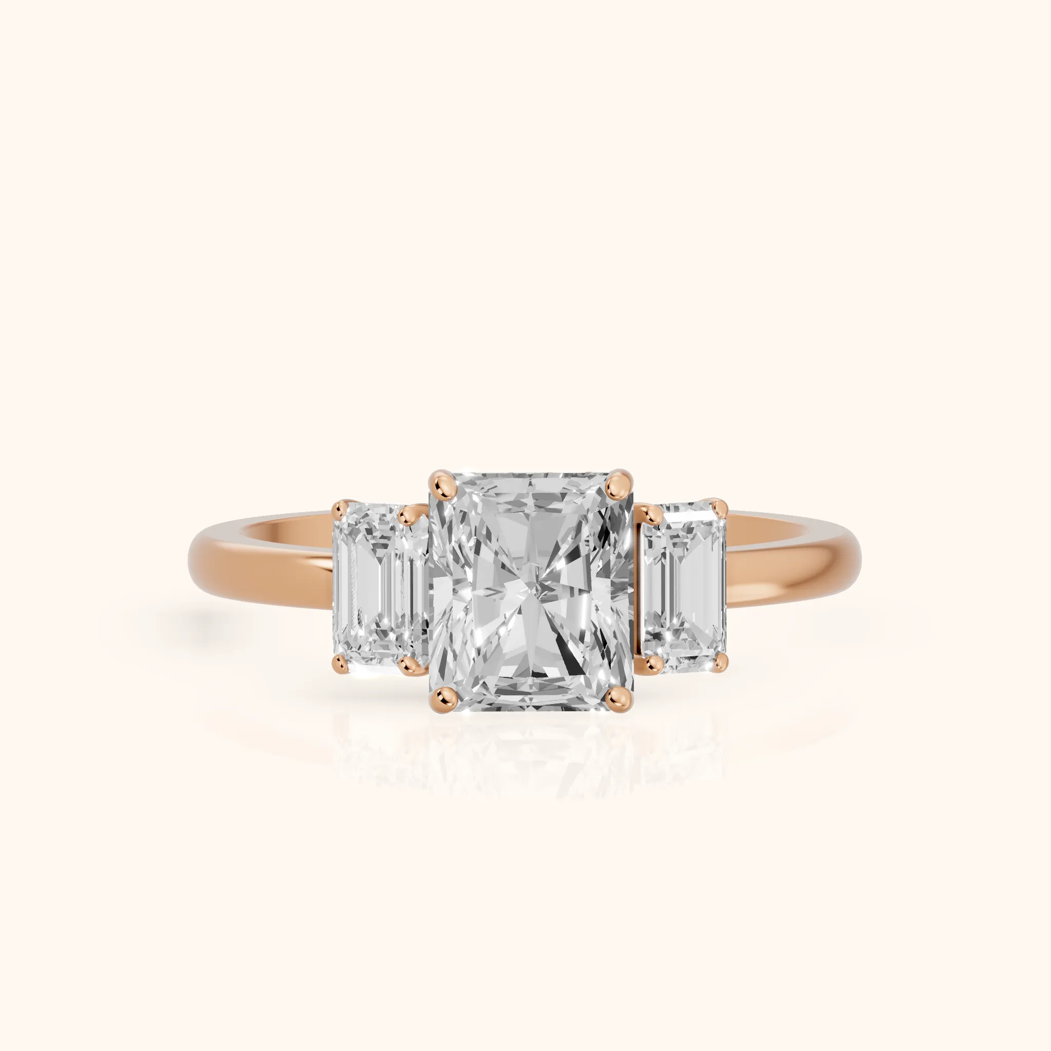 Marian Three-Stone Hidden Halo Radiant Diamond Engagement Ring in Rose Gold — view 1