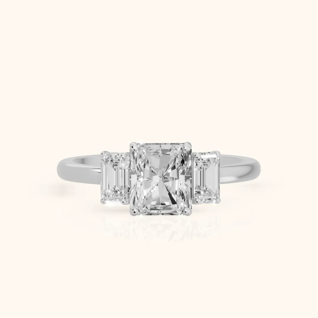 Marian Three-Stone Hidden Halo Radiant Diamond Engagement Ring in Silver — view 2