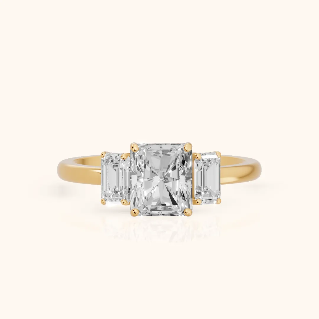 Marian Three-Stone Hidden Halo Radiant Diamond Engagement Ring in Yellow Gold — view 2