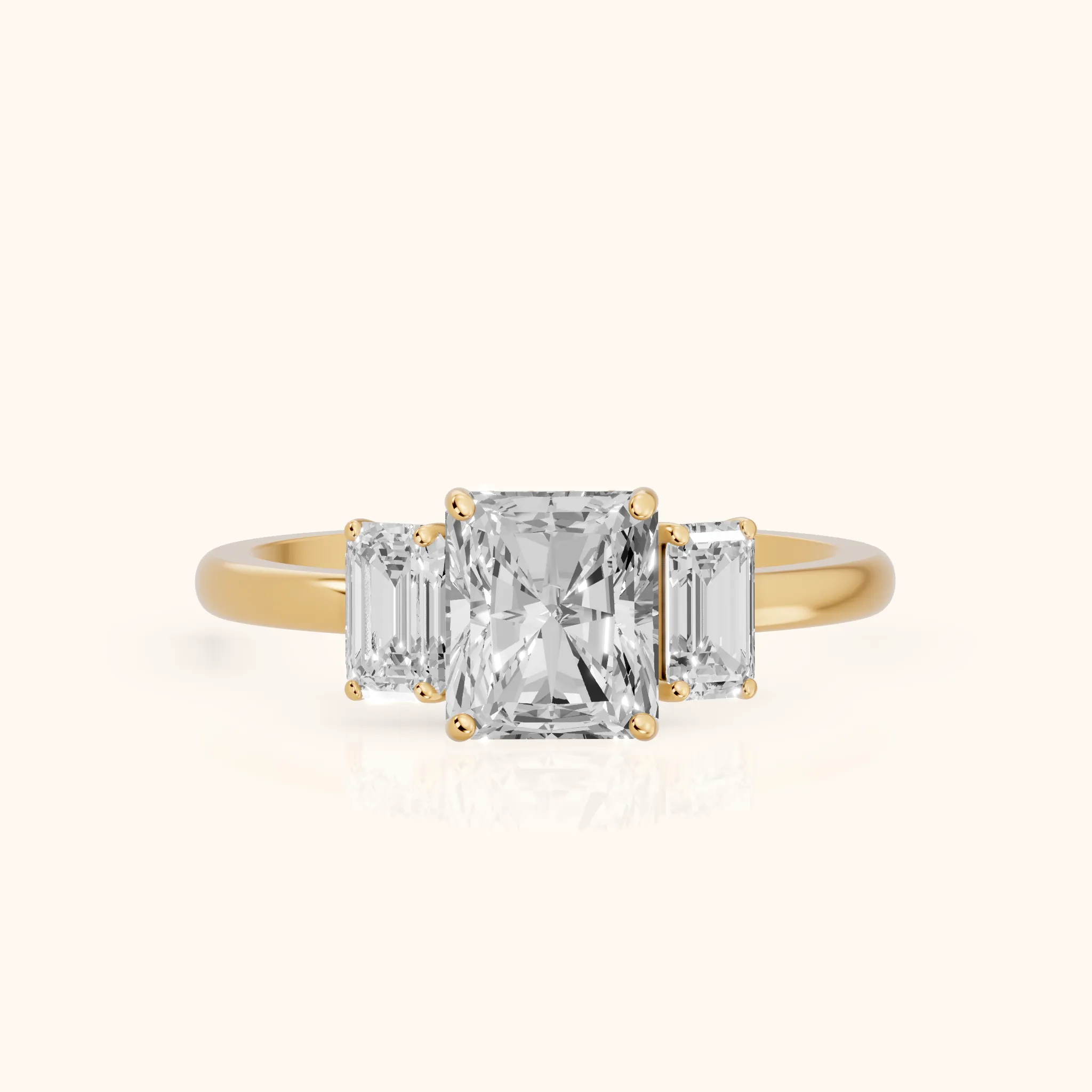 Marian Three-Stone Hidden Halo Radiant Diamond Engagement Ring in Yellow Gold — view 1