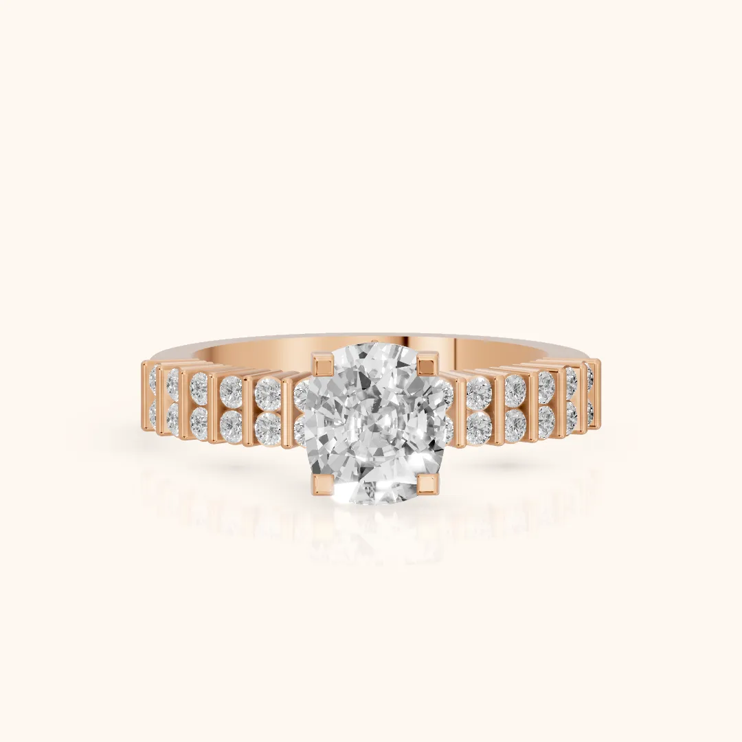 Honor Sidestone Cushion Diamond Engagement Ring in Rose Gold — view 2