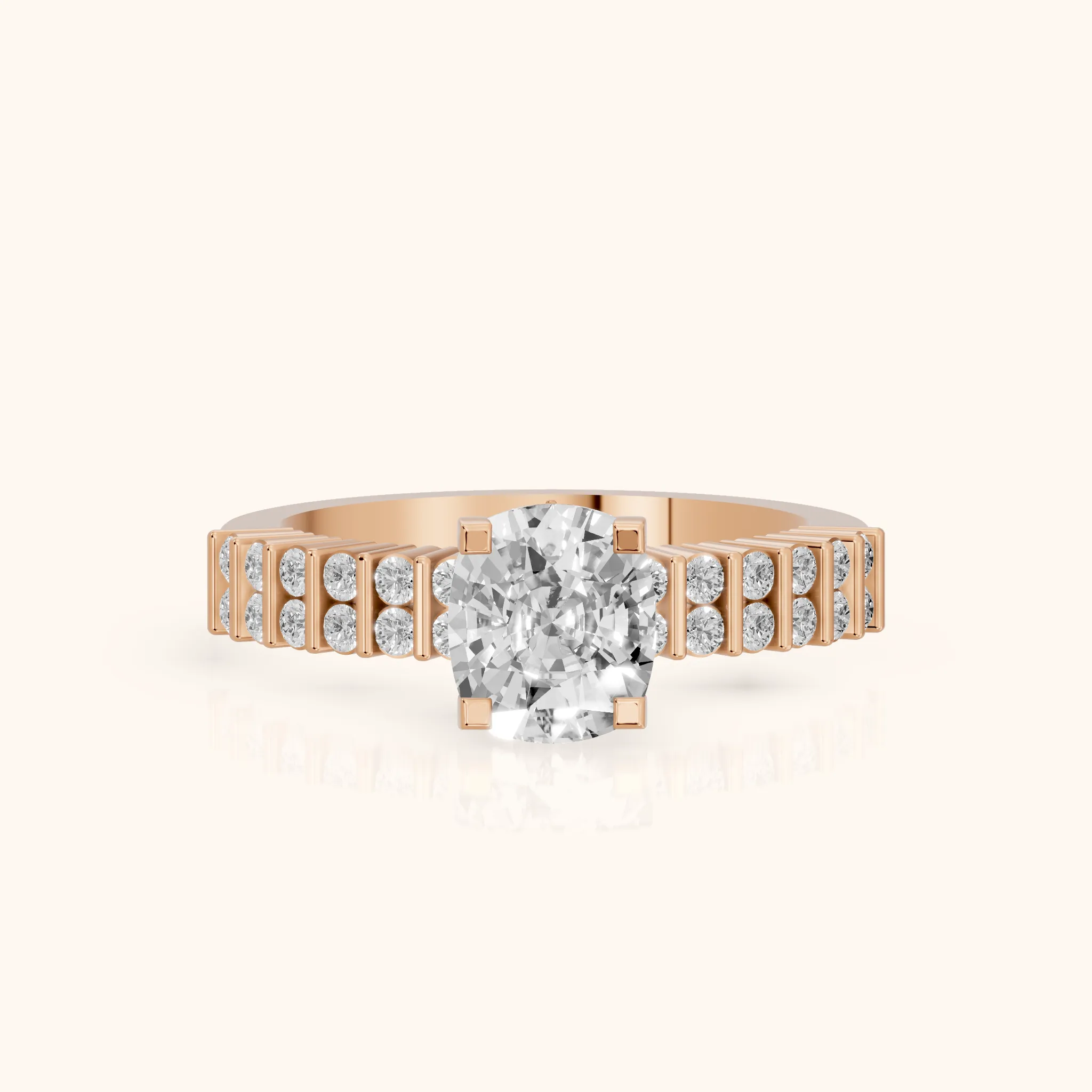 Honor Sidestone Cushion Diamond Engagement Ring in Rose Gold — view 1