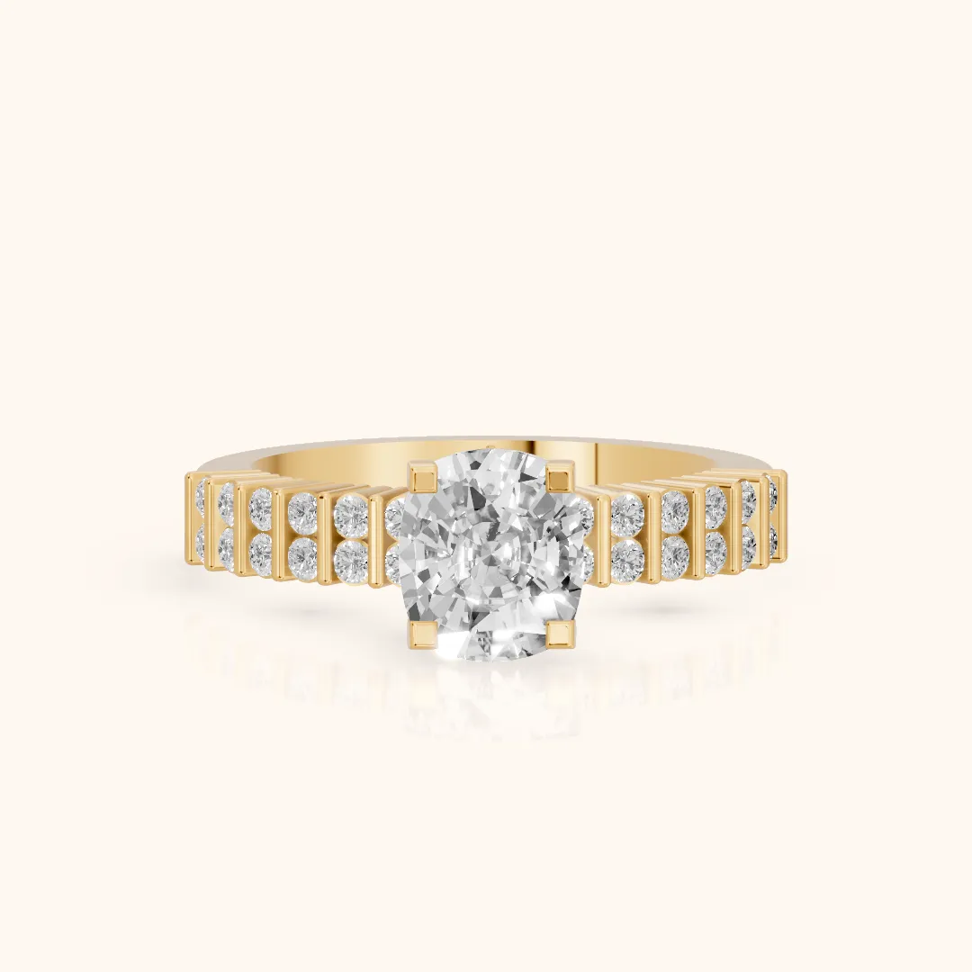 Honor Sidestone Cushion Diamond Engagement Ring in Yellow Gold — view 2