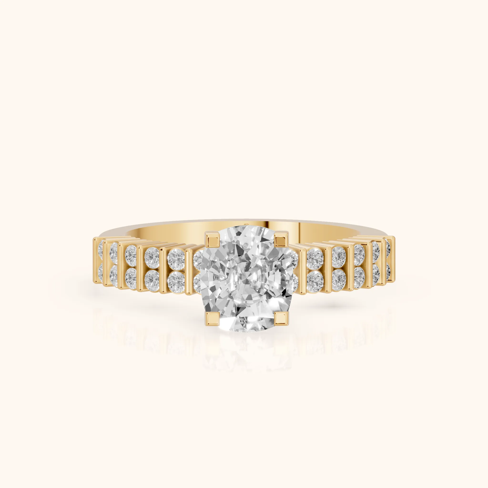 Honor Sidestone Cushion Diamond Engagement Ring in Yellow Gold — view 1