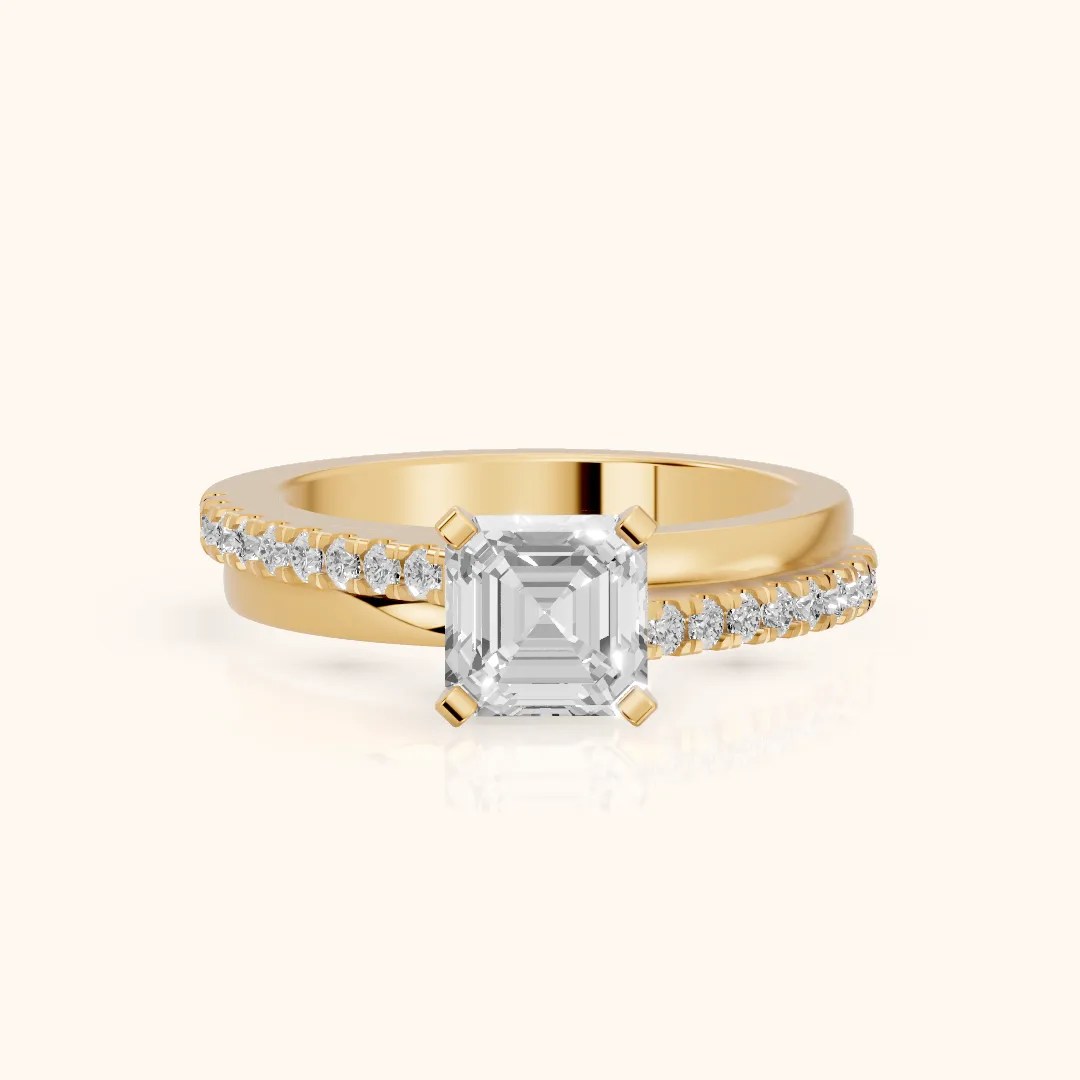 Edith Criss Cross Pavé Asscher Diamond Engagement Ring in Yellow Gold — view 2
