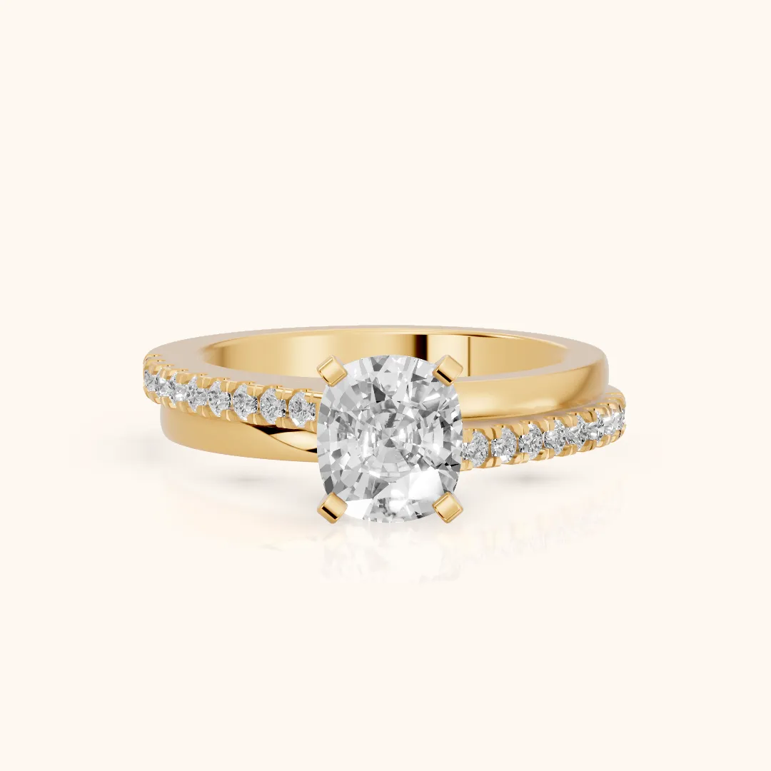 Edith Criss Cross Pavé Cushion Diamond Engagement Ring in Yellow Gold — view 2