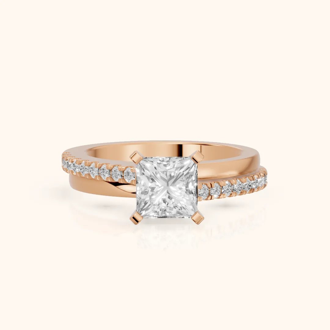 Edith Criss Cross Pavé Princess Diamond Engagement Ring in Rose Gold — view 2
