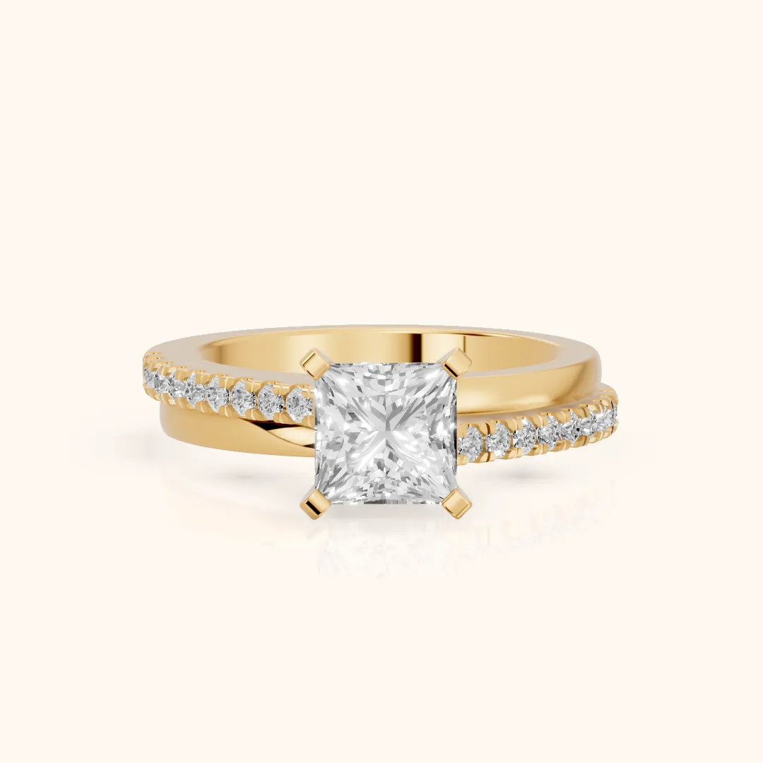 Edith Criss Cross Pavé Princess Diamond Engagement Ring in Yellow Gold — view 2