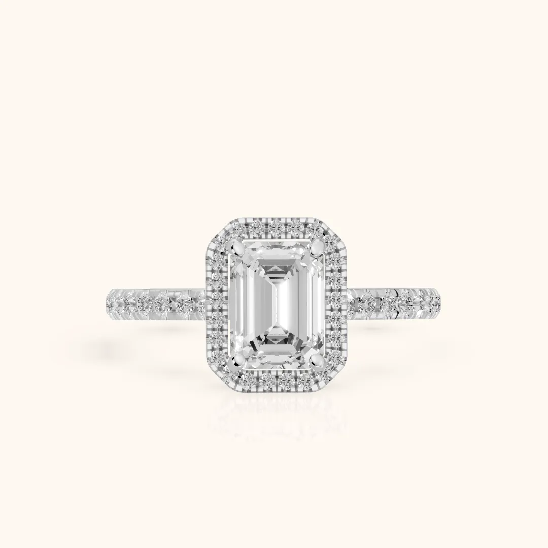 Mabel Halo French Pavé Emerald Diamond Engagement Ring in Platinum — view 2