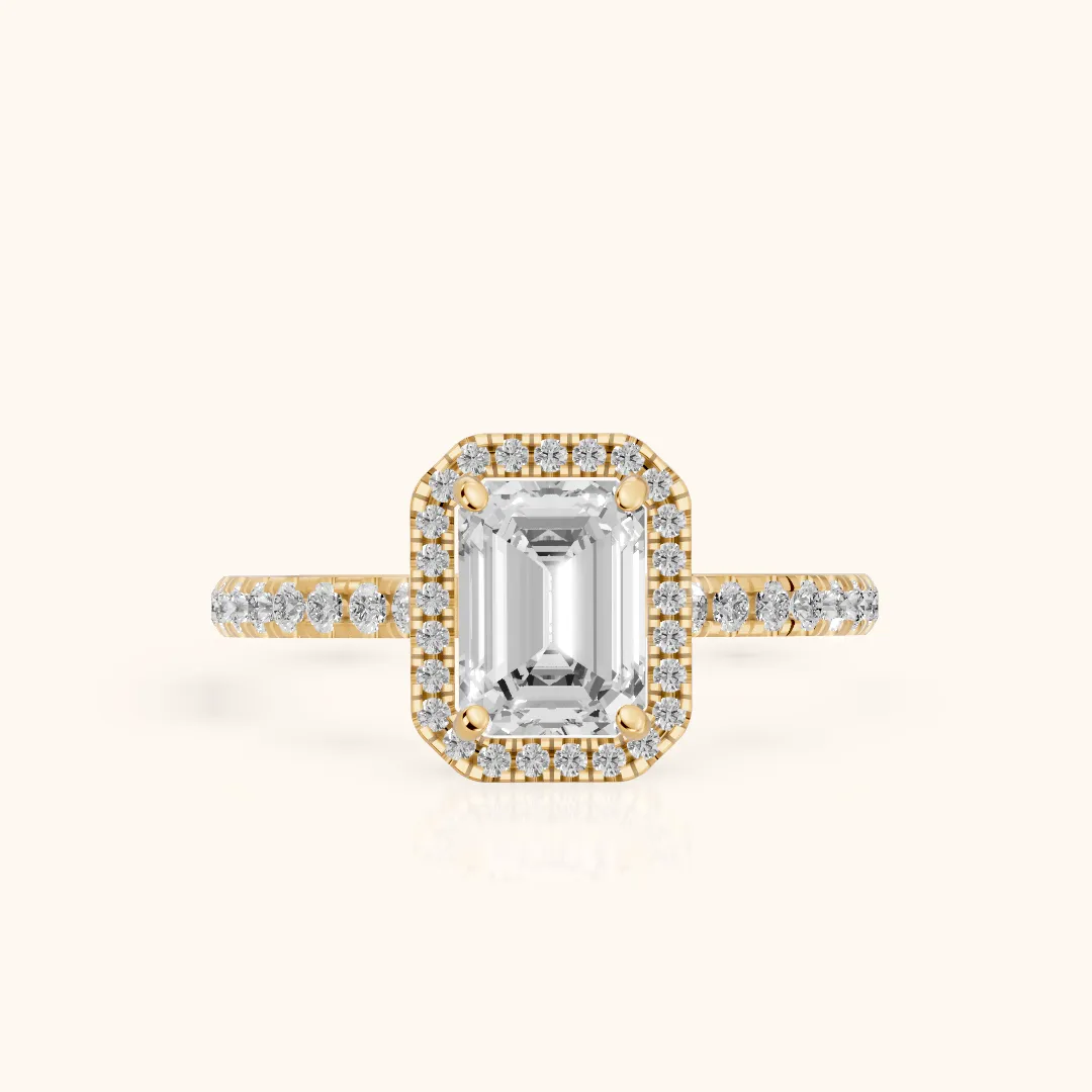 Mabel Halo French Pavé Emerald Diamond Engagement Ring in Yellow Gold — view 2