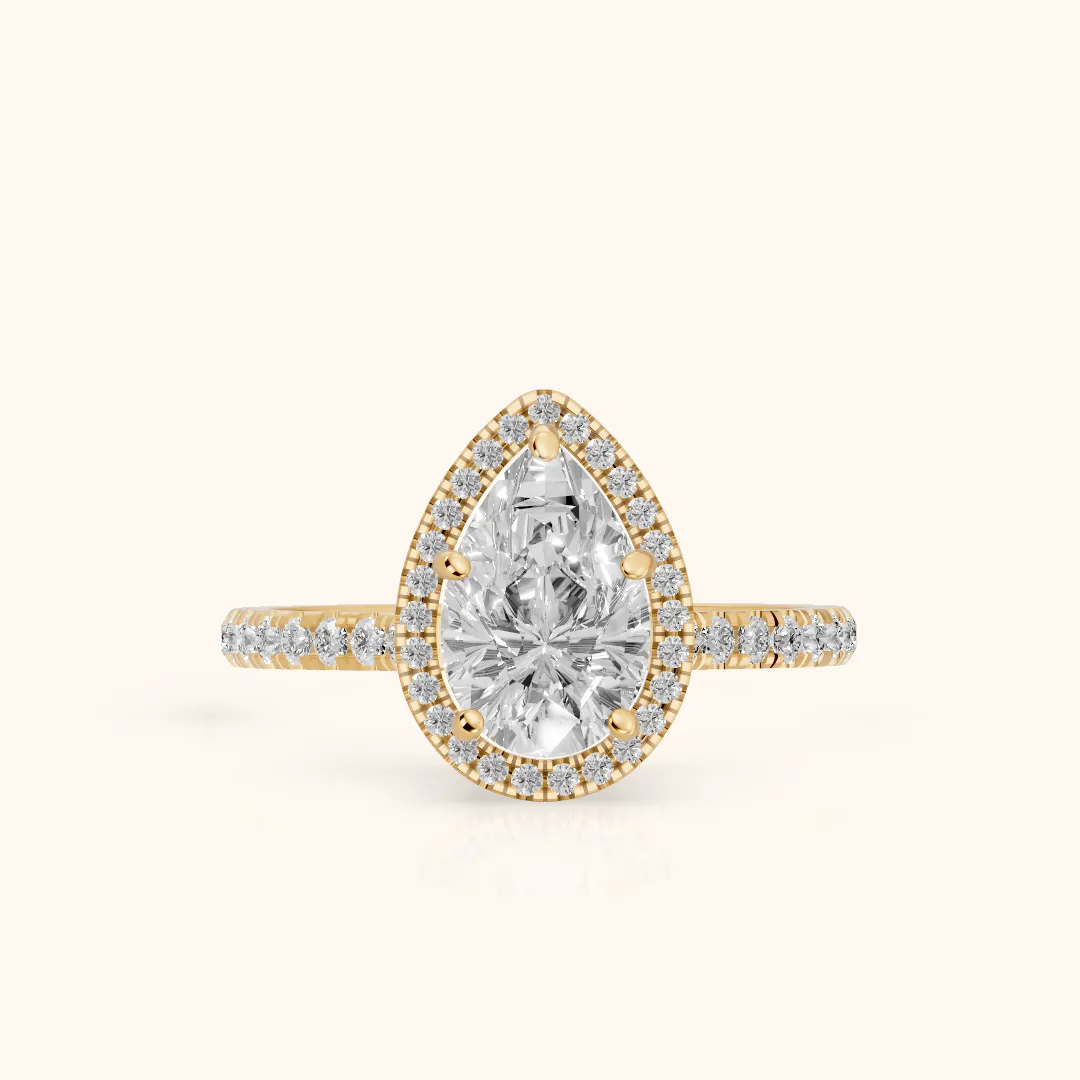 Mabel Halo French Pavé Pear Diamond Engagement Ring in Yellow Gold — view 2