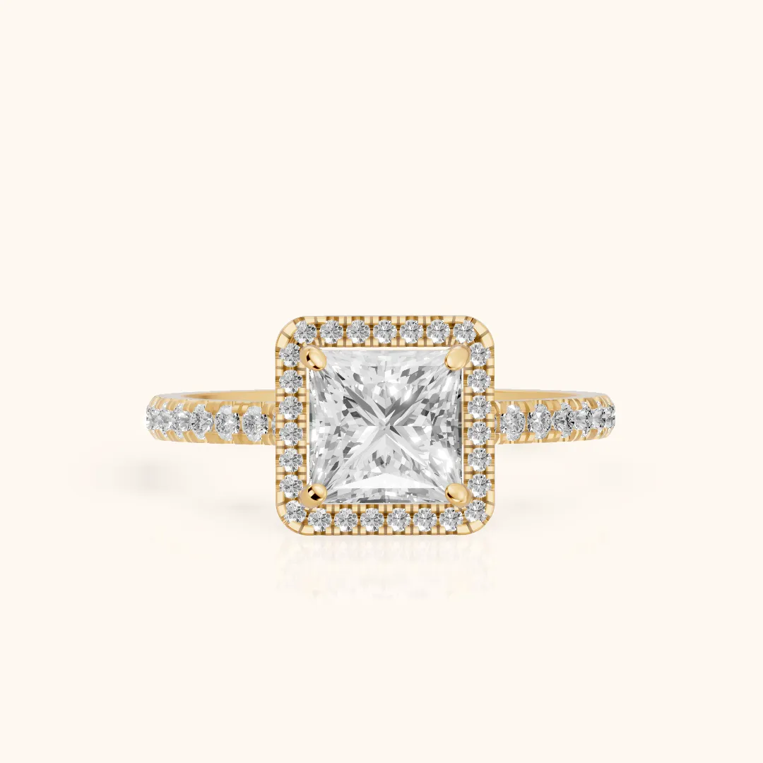 Mabel Halo French Pavé Princess Diamond Engagement Ring in Yellow Gold — view 2