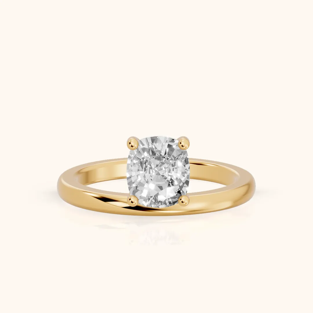 Maisie Four Prong Solitaire Cushion Diamond Engagement Ring in Yellow Gold — view 2