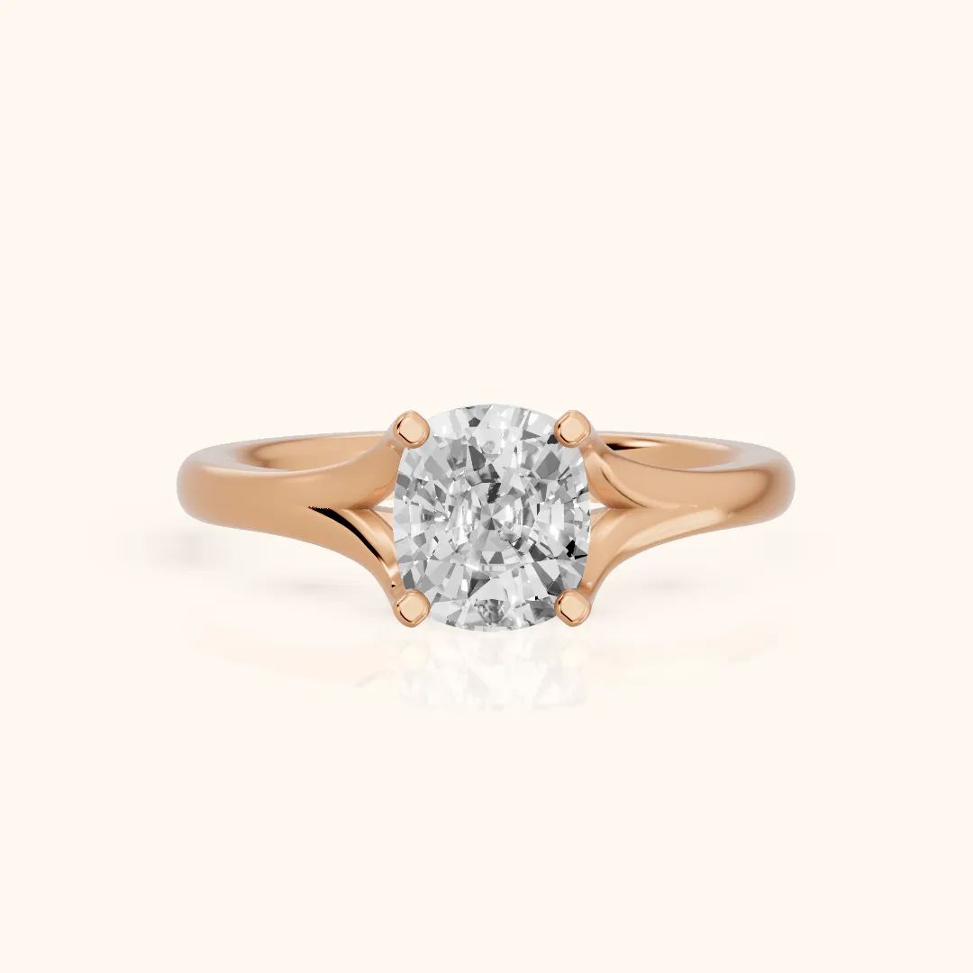 Nell Split Shank Solitaire Cushion Diamond Engagement Ring in Rose Gold — view 2