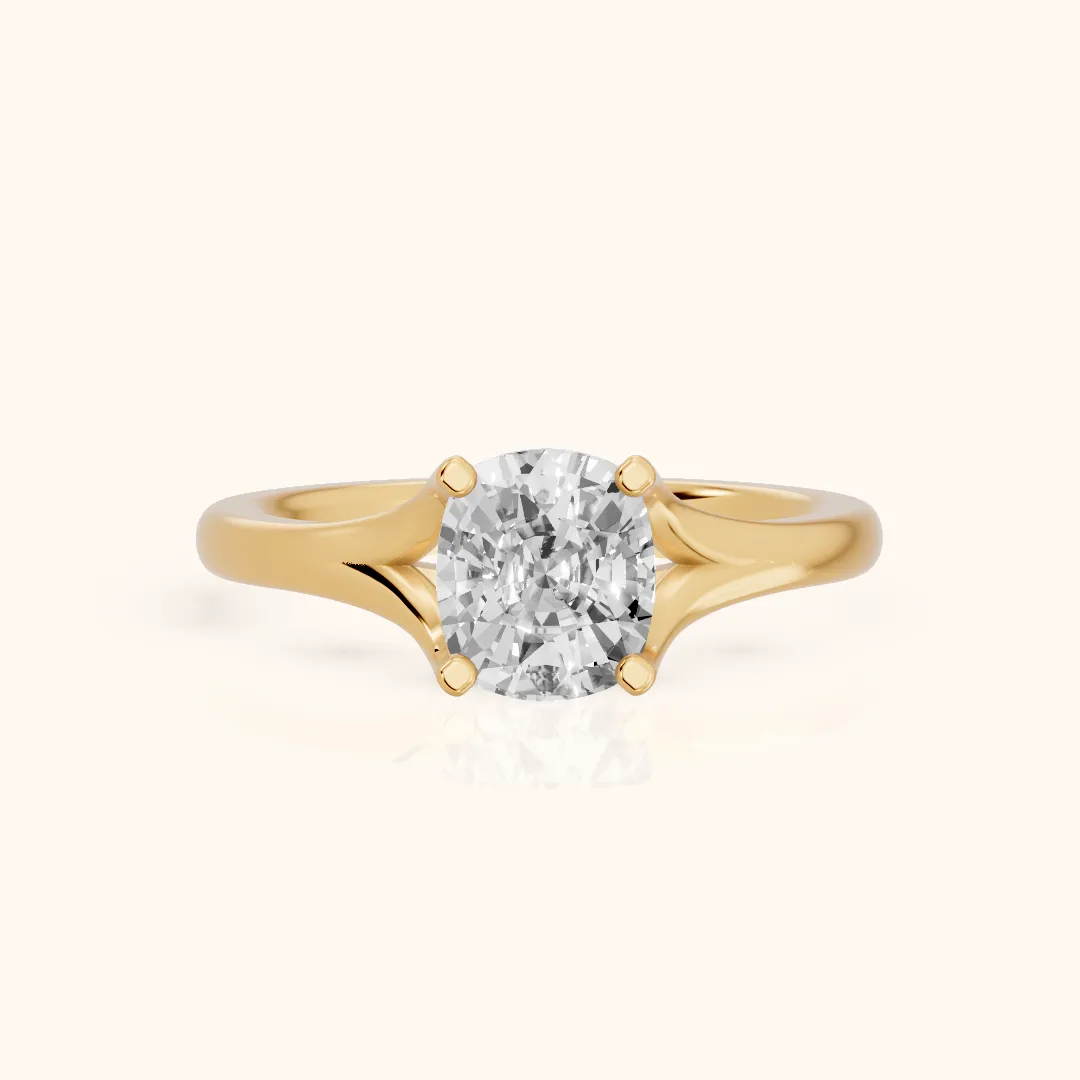 Nell Split Shank Solitaire Cushion Diamond Engagement Ring in Yellow Gold — view 2