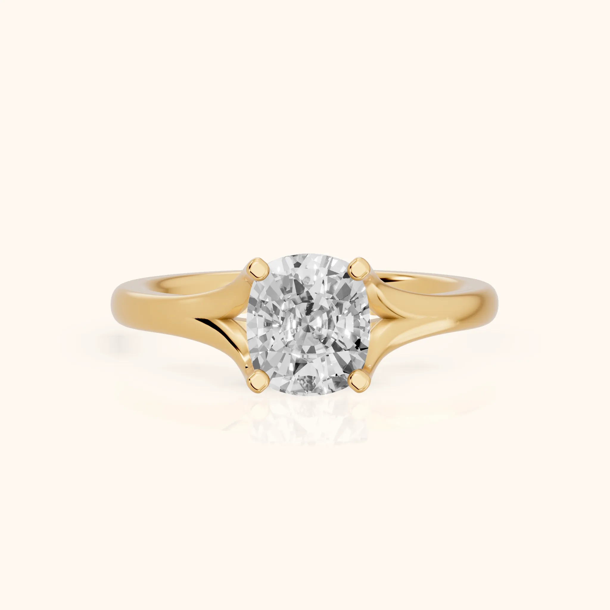 Nell Split Shank Solitaire Cushion Diamond Engagement Ring in Yellow Gold — view 1