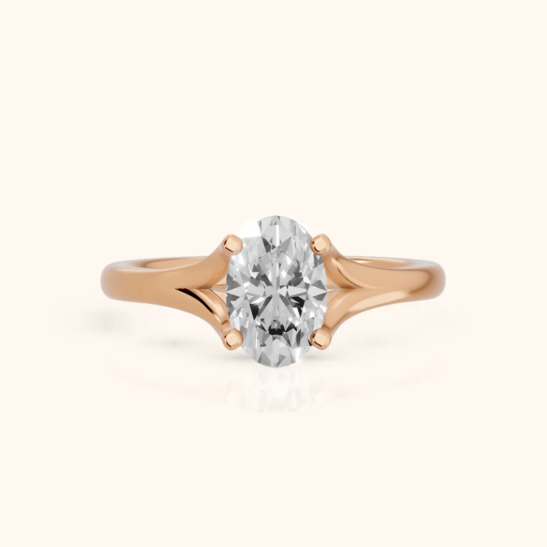 Nell Split Shank Solitaire Oval Diamond Engagement Ring in Rose Gold — view 2
