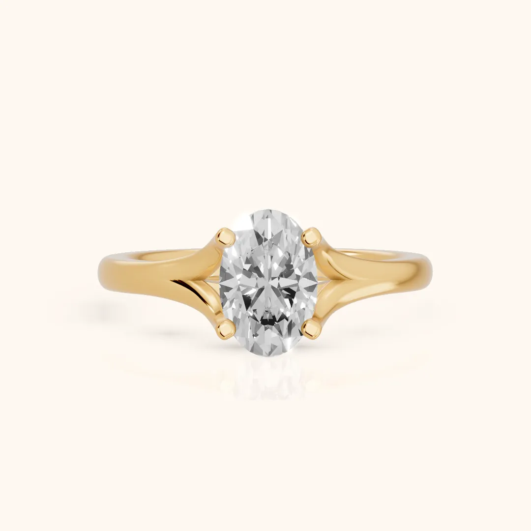 Nell Split Shank Solitaire Oval Diamond Engagement Ring in Yellow Gold — view 2
