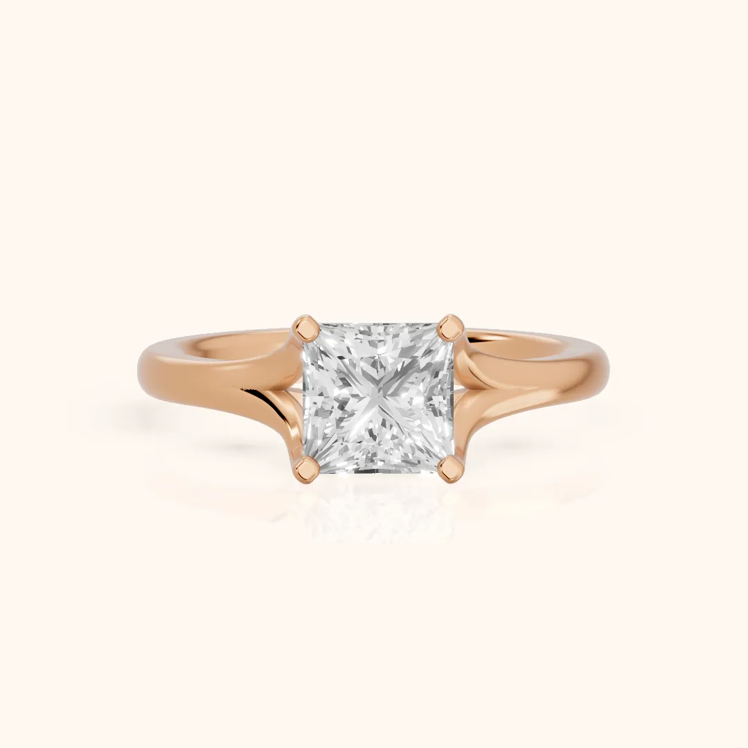 Nell Split Shank Solitaire Princess Diamond Engagement Ring in Rose Gold — view 2