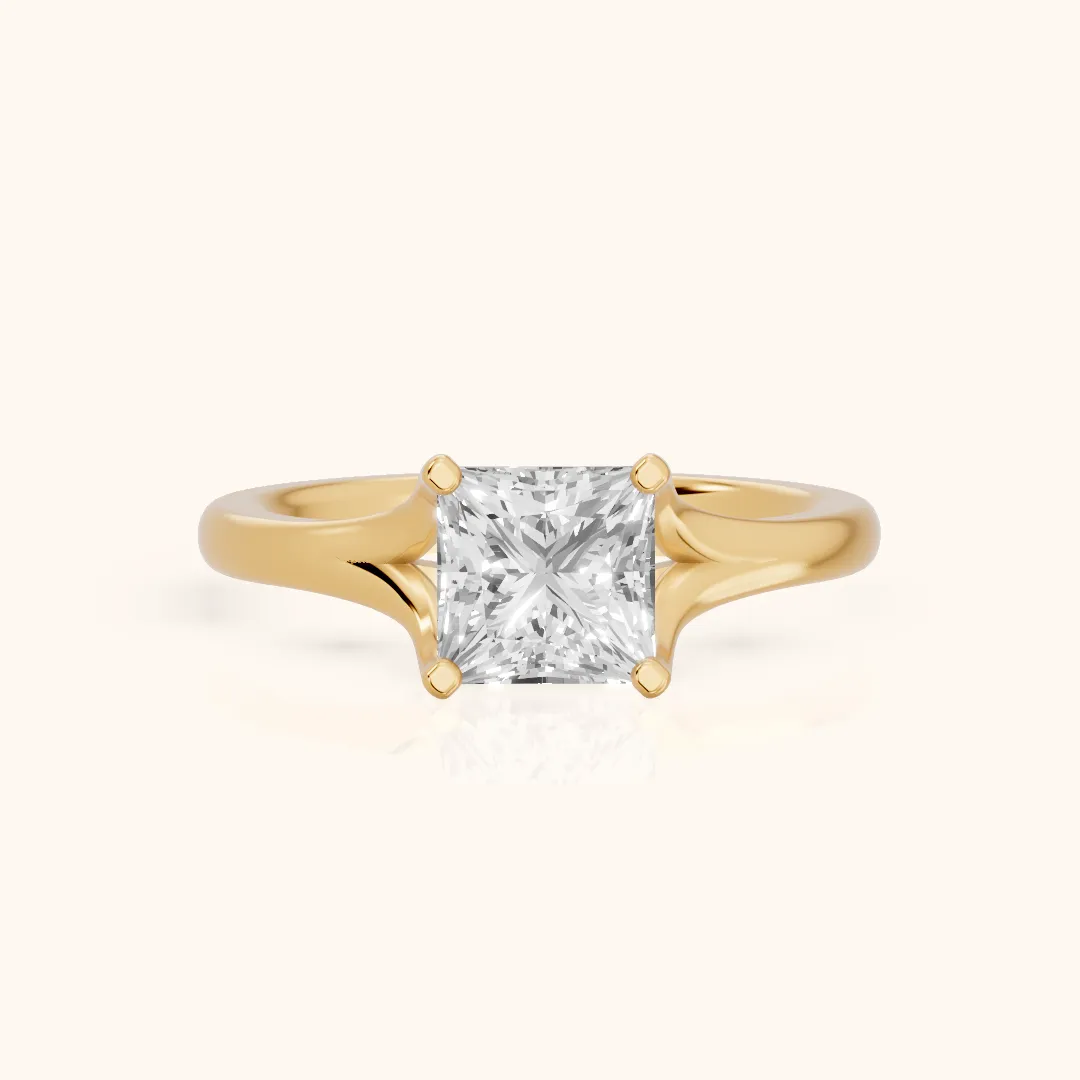 Nell Split Shank Solitaire Princess Diamond Engagement Ring in Yellow Gold — view 2