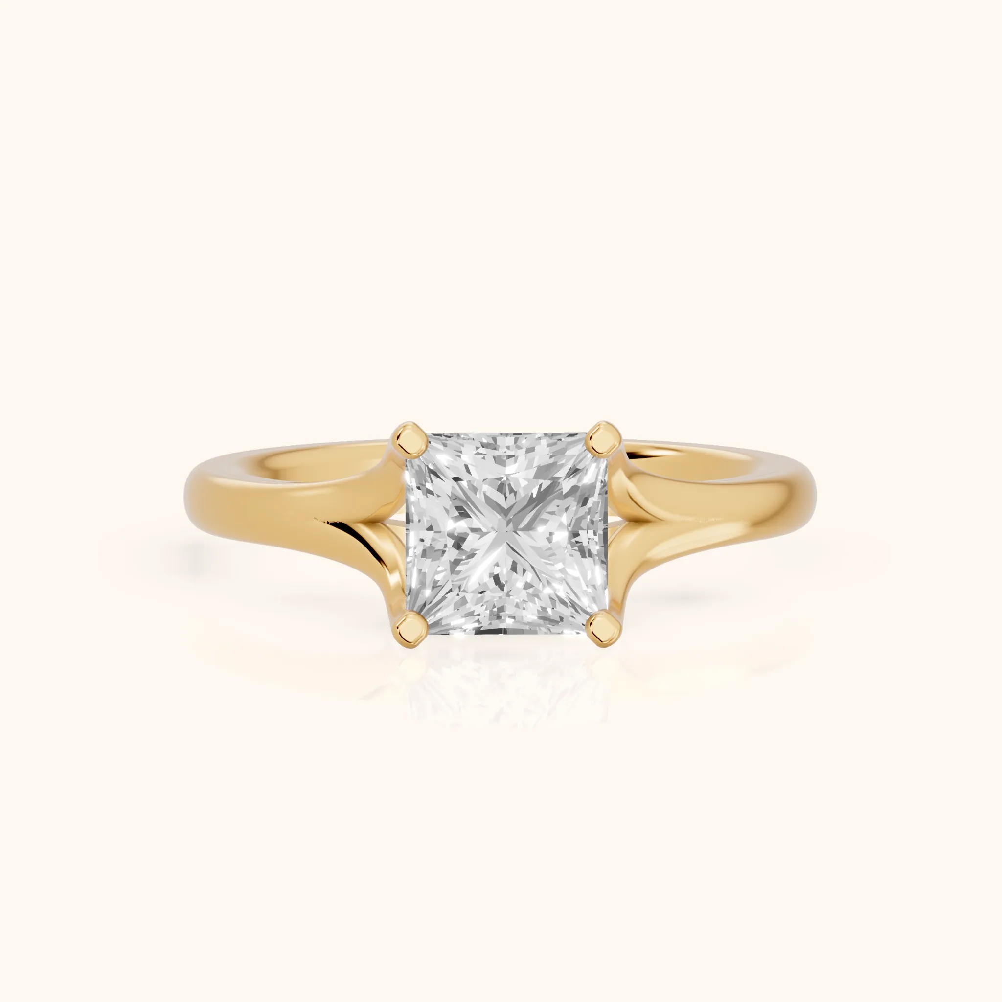 Nell Split Shank Solitaire Princess Diamond Engagement Ring in Yellow Gold — view 1