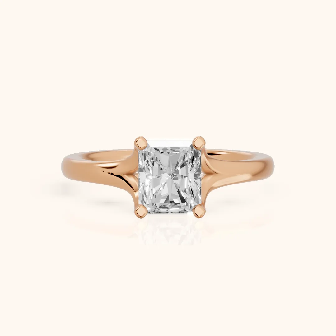 Nell Split Shank Solitaire Radiant Diamond Engagement Ring in Rose Gold — view 2