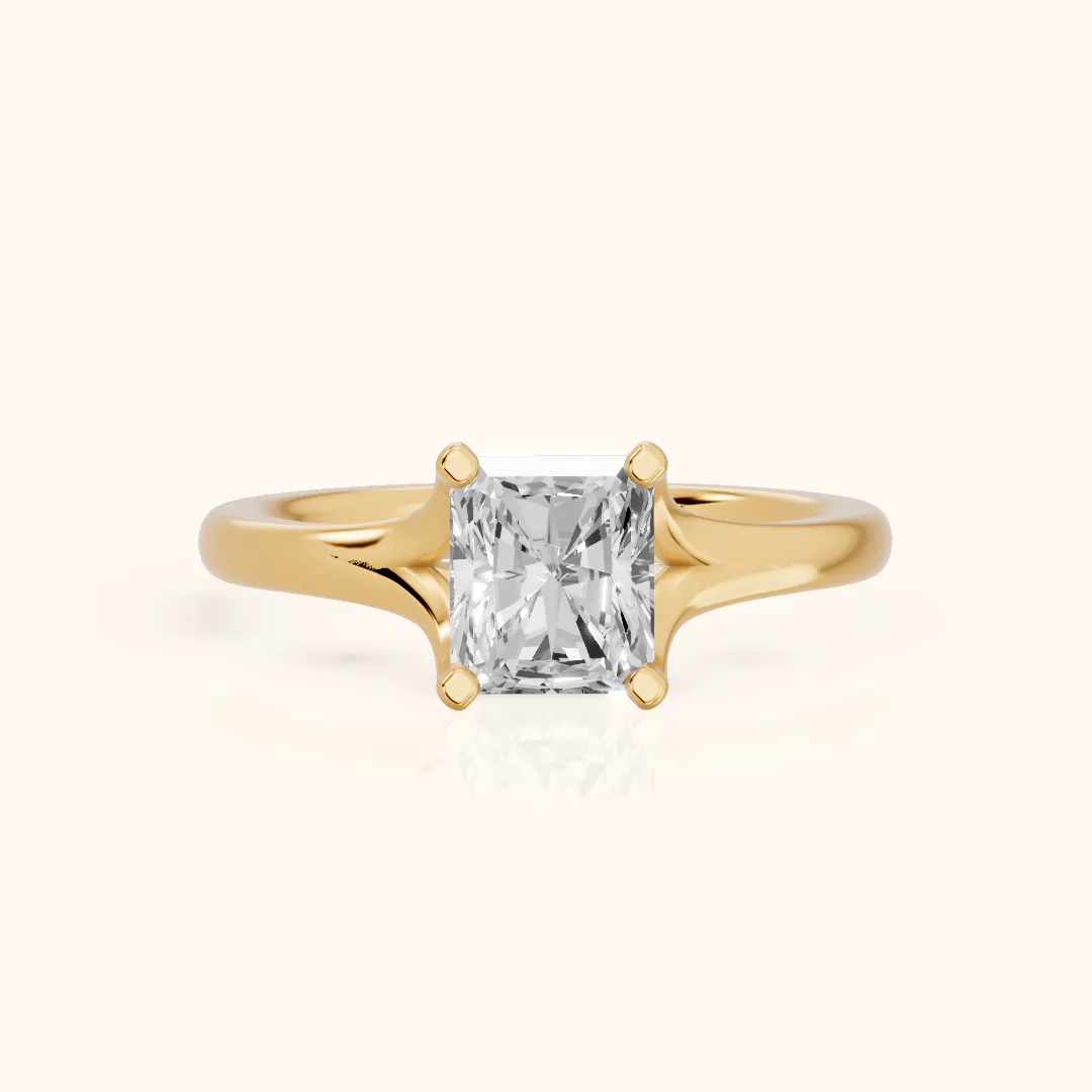 Nell Split Shank Solitaire Radiant Diamond Engagement Ring in Yellow Gold — view 2