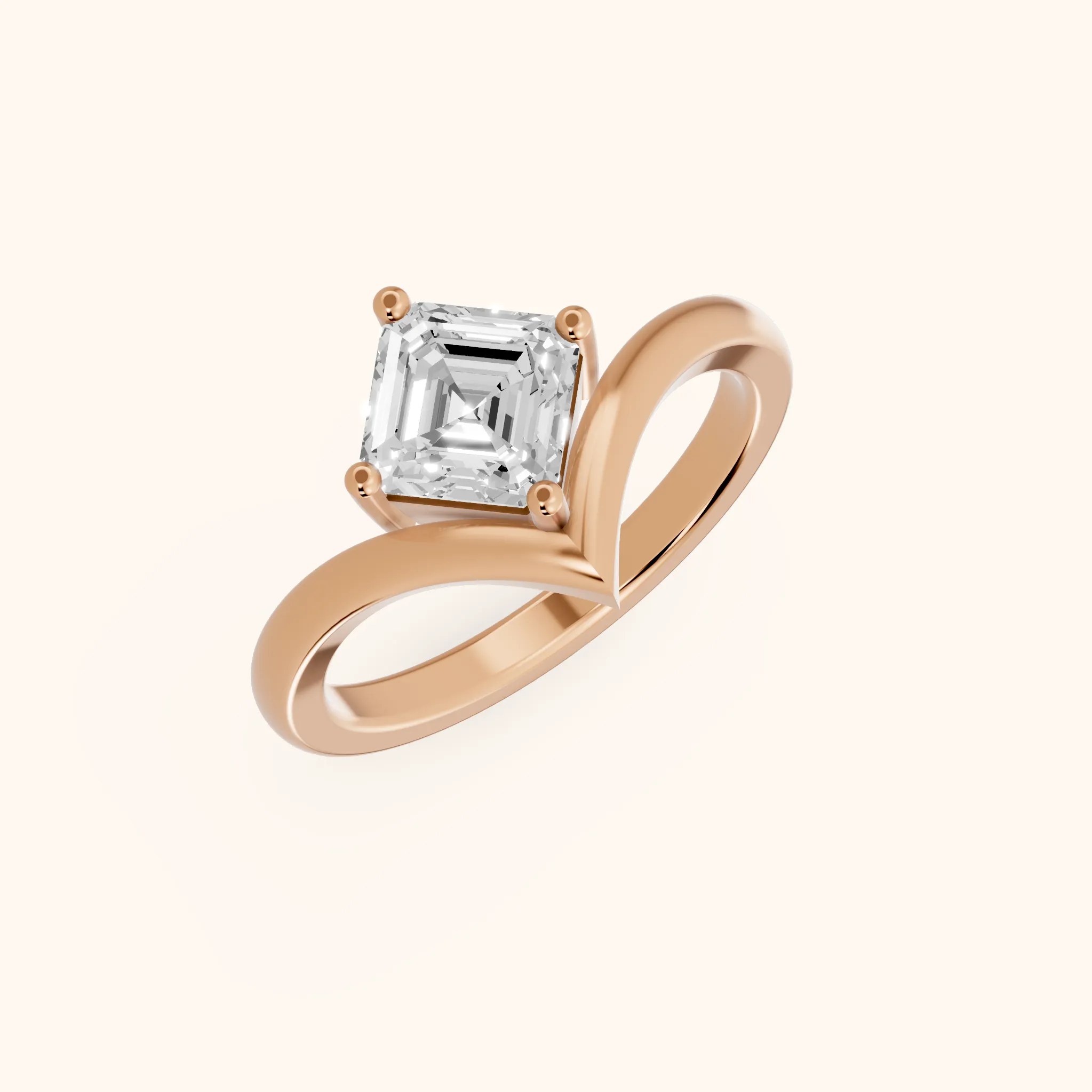 Bague de Fiançailles Solitaire Evelyn Chevron en Or Rose avec Diamant Taille Asscher