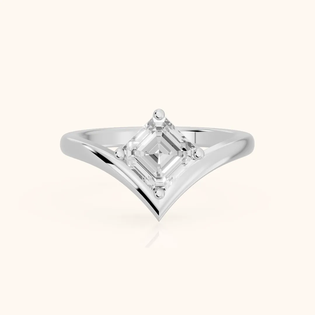 Evelyn Chevron Solitaire Asscher Diamond Engagement Ring in White Gold