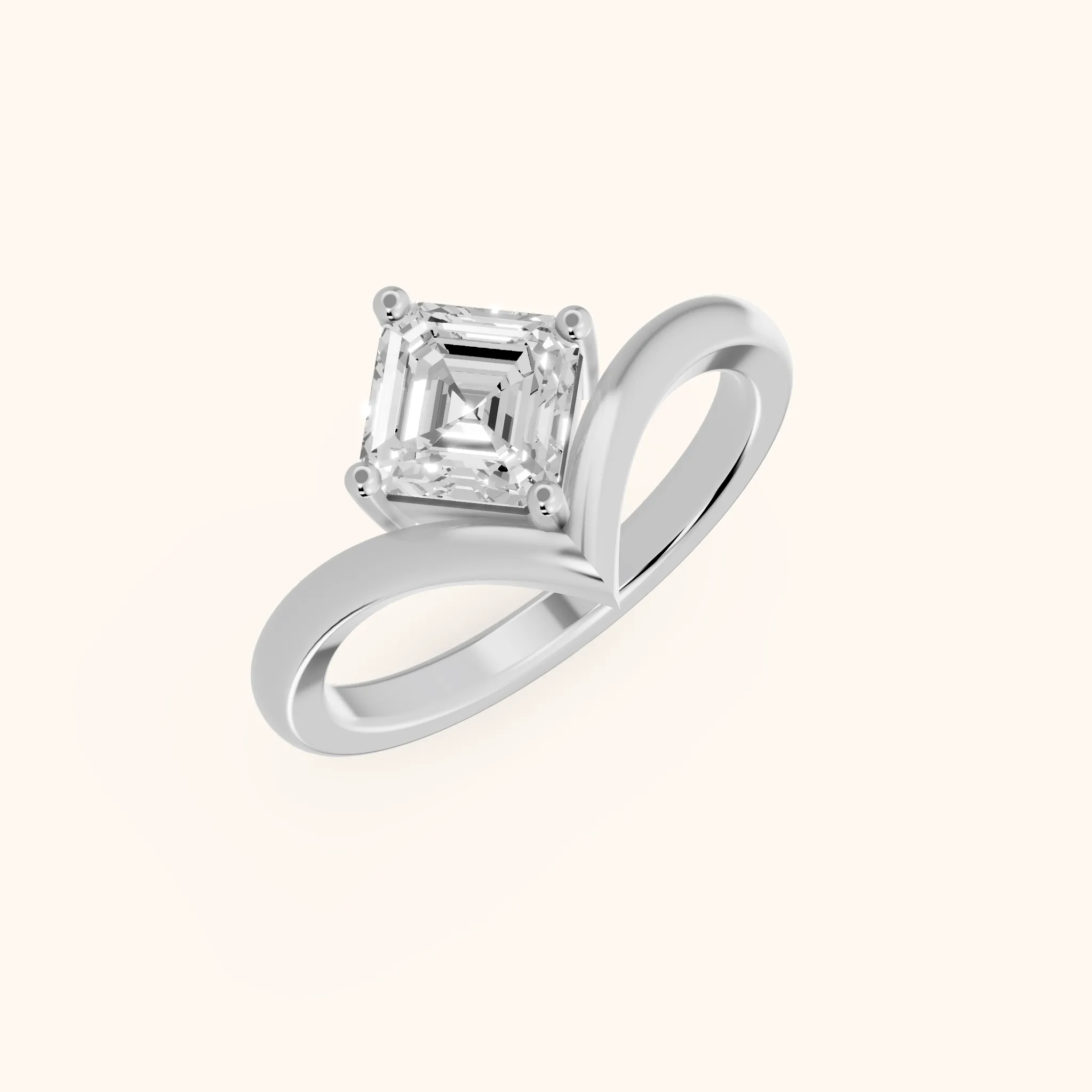 Evelyn Chevron Solitaire Asscher Diamond Engagement Ring in White Gold