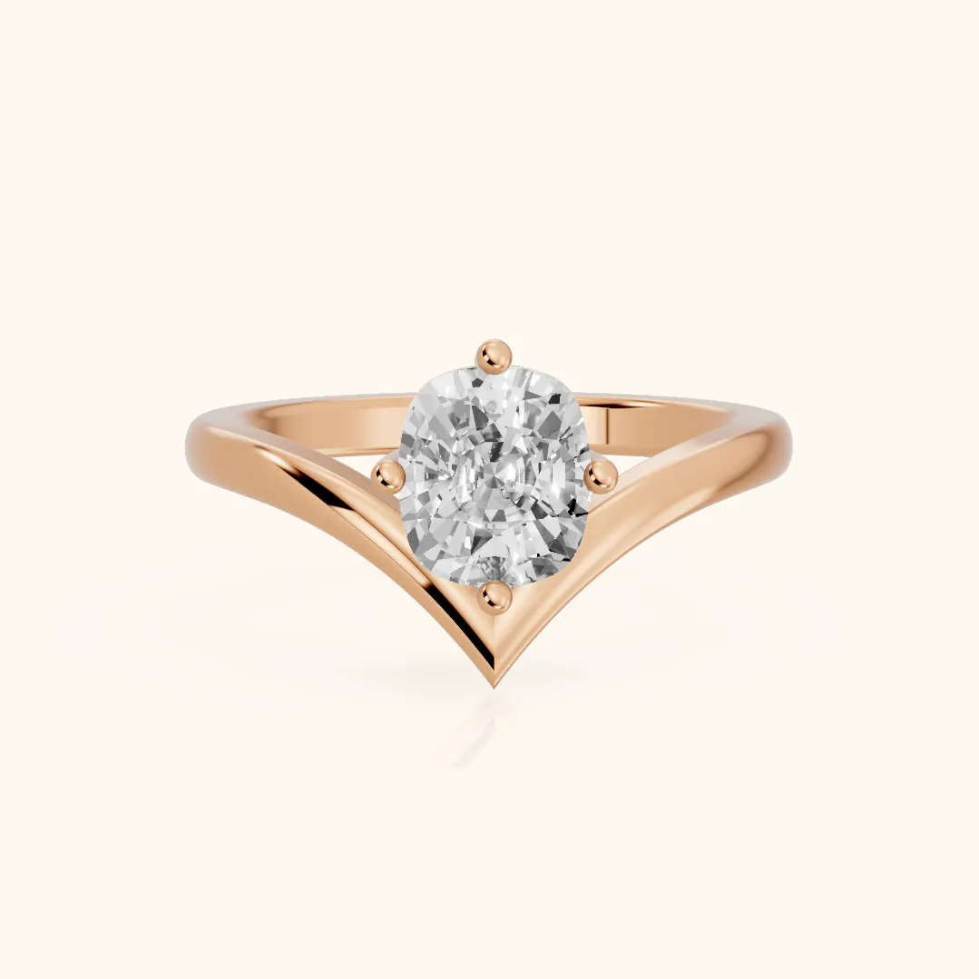 Bague de fiançailles Evelyn Chevron Solitaire avec diamant coussin en or rose